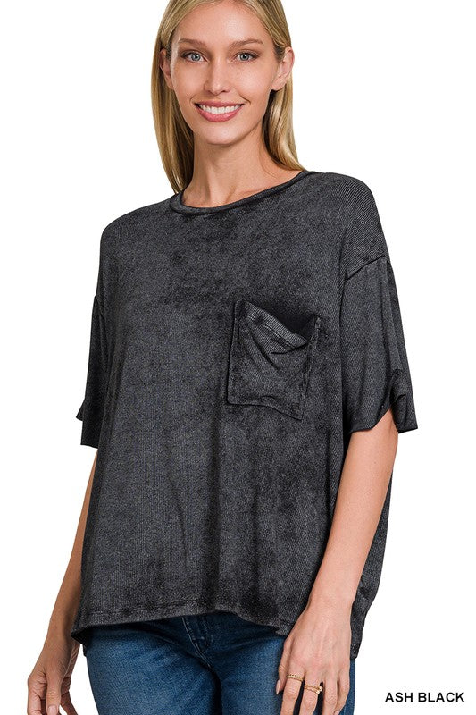 Washed Ribbed Pocket Slouch Tee - Ash Black