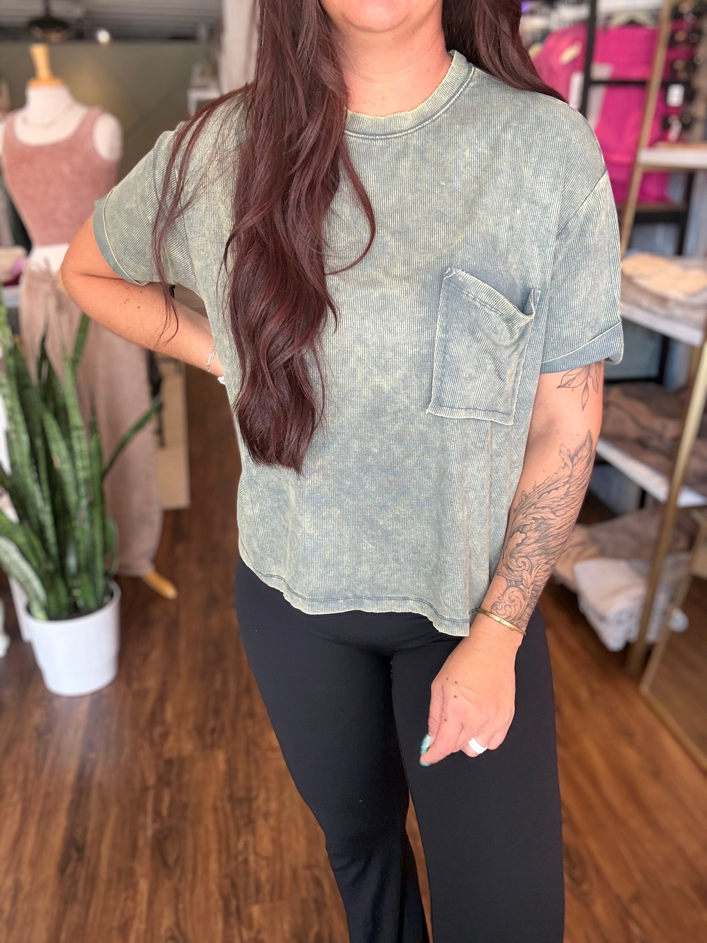 Washed Ribbed Cuffed Short Sleeve Round Neck Top