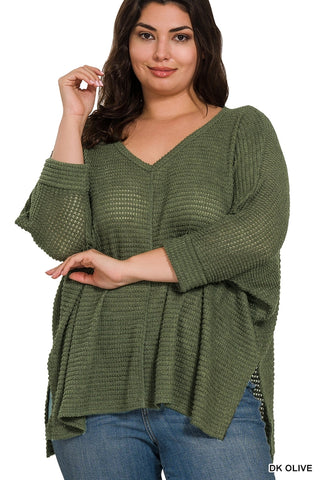 Plus Waffle 3qtr Sleeve Top, Olive