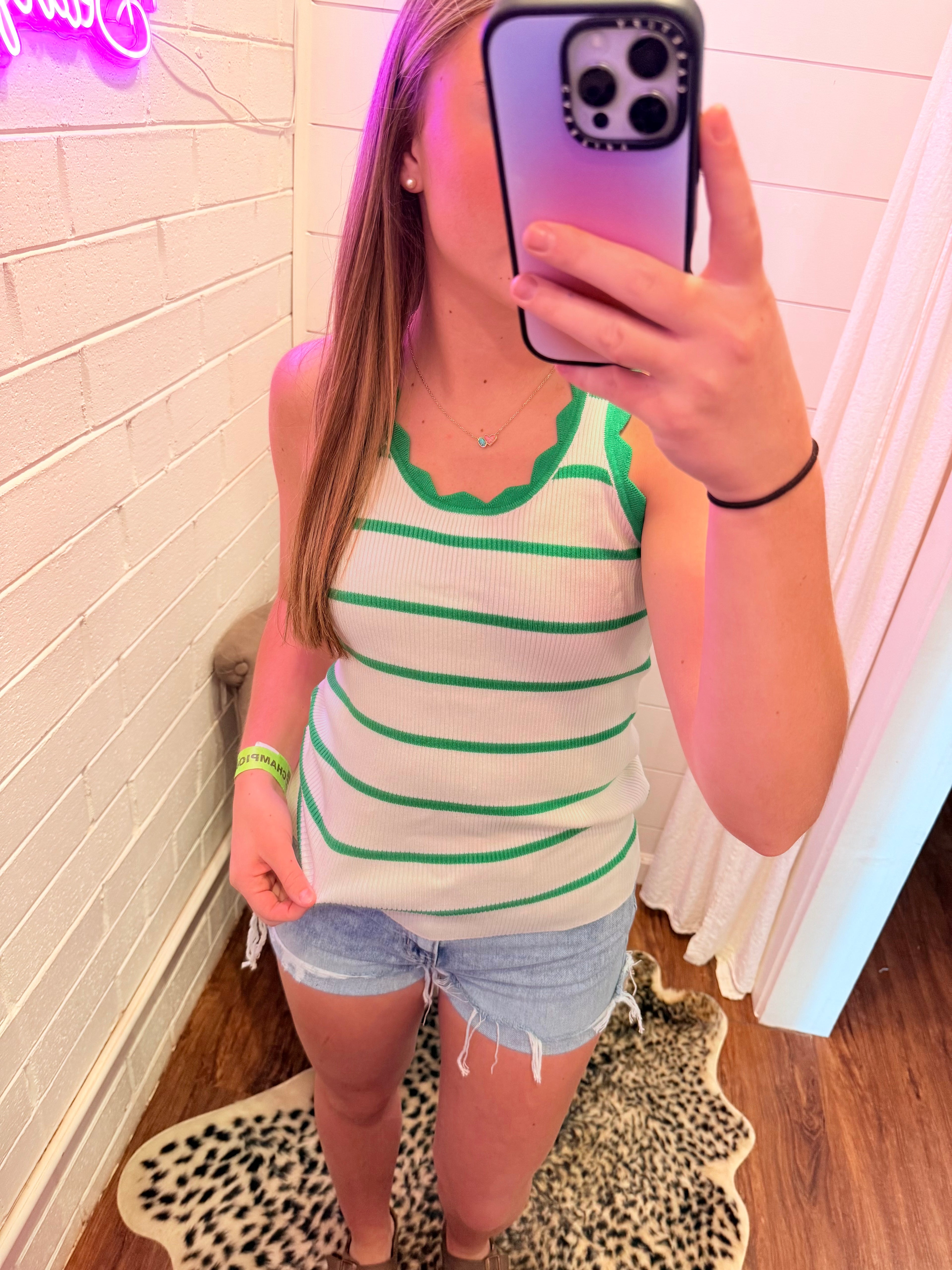 Green Scalloped Edge Crew Neck Knit Striped Tank