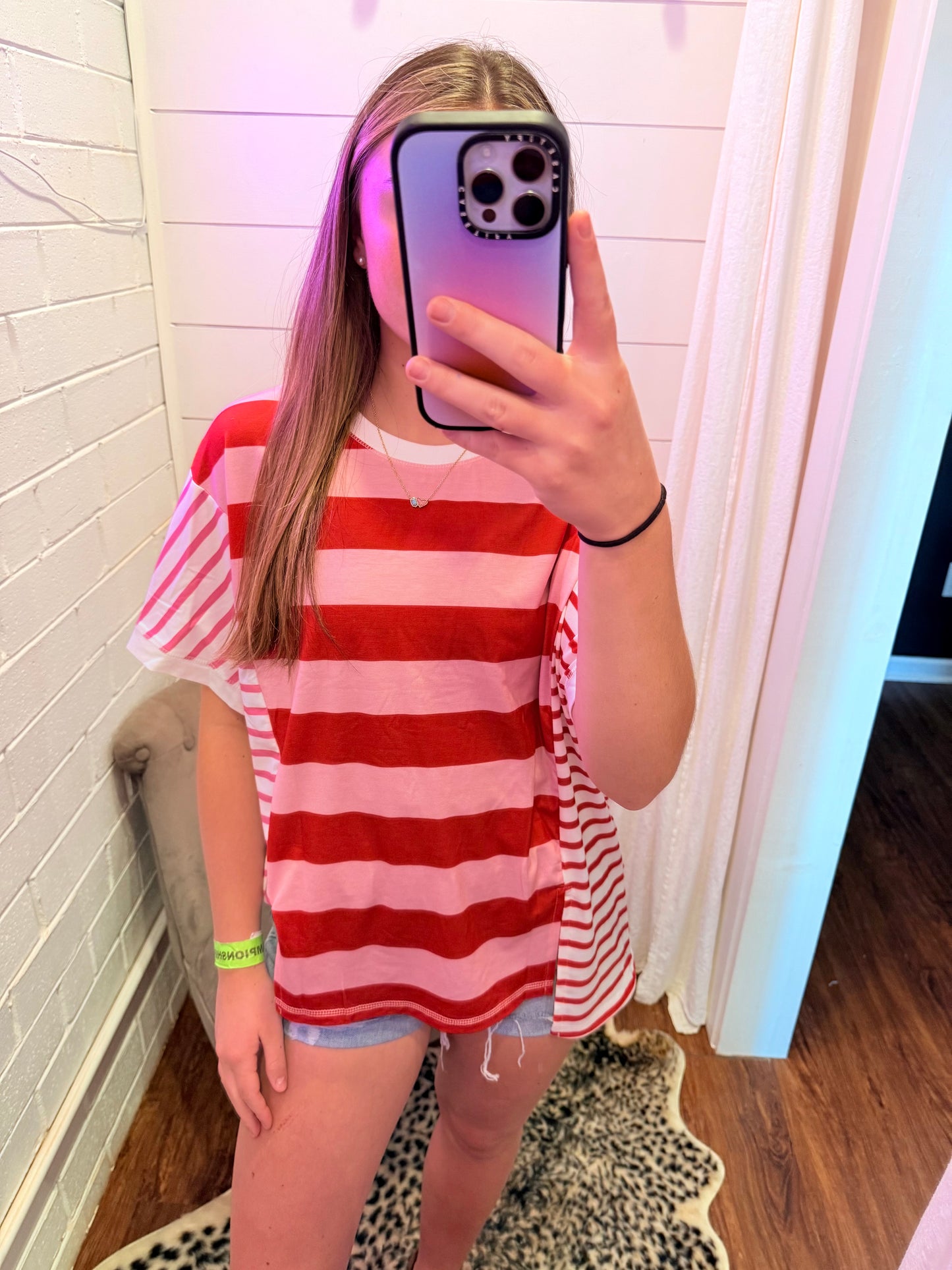 Pink Striped Patchwork Side Split Loose T-Shirt