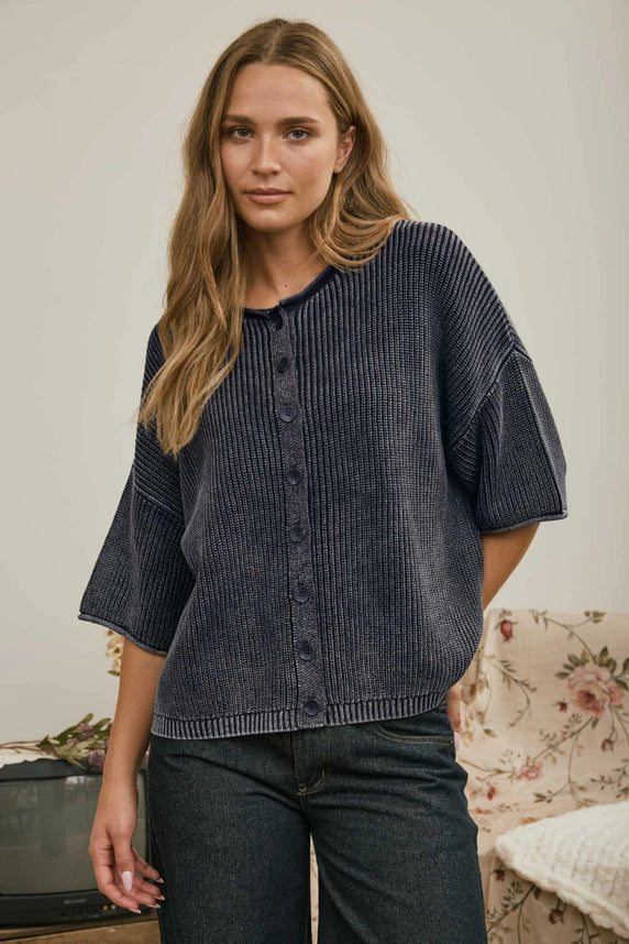 Washed Ribbed Short Sleeve Cardigan