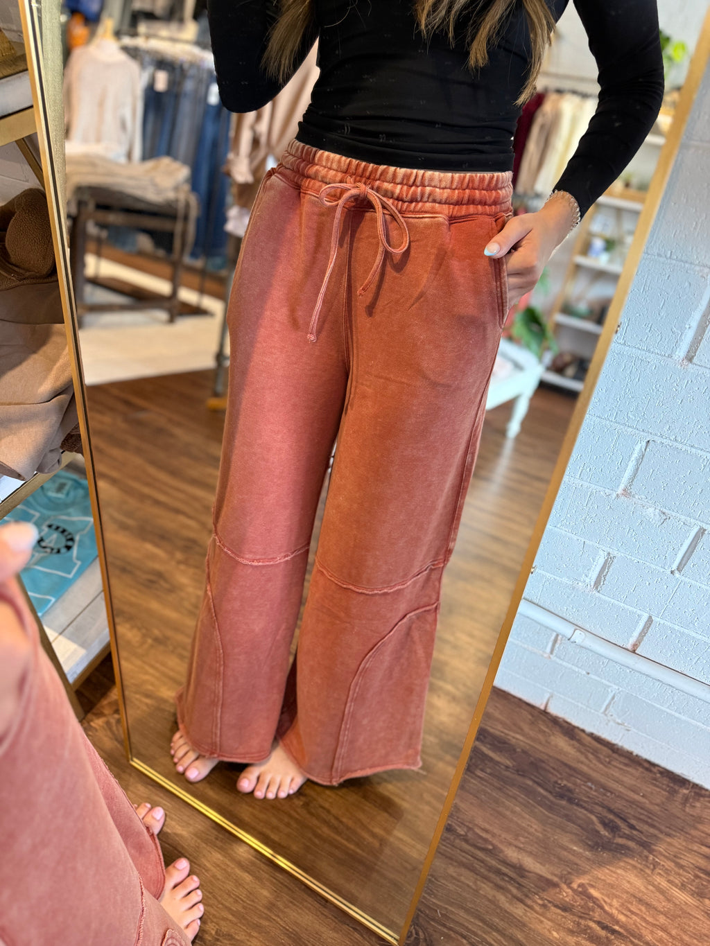 French Terry Washed Flare Pant - Rust