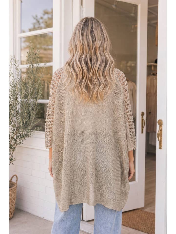 Open Weave V-Neck Batwing Sweater - Taupe