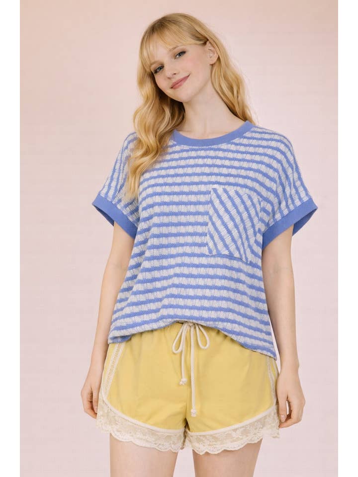 Open Back Striped Textured Knit Top - Blue