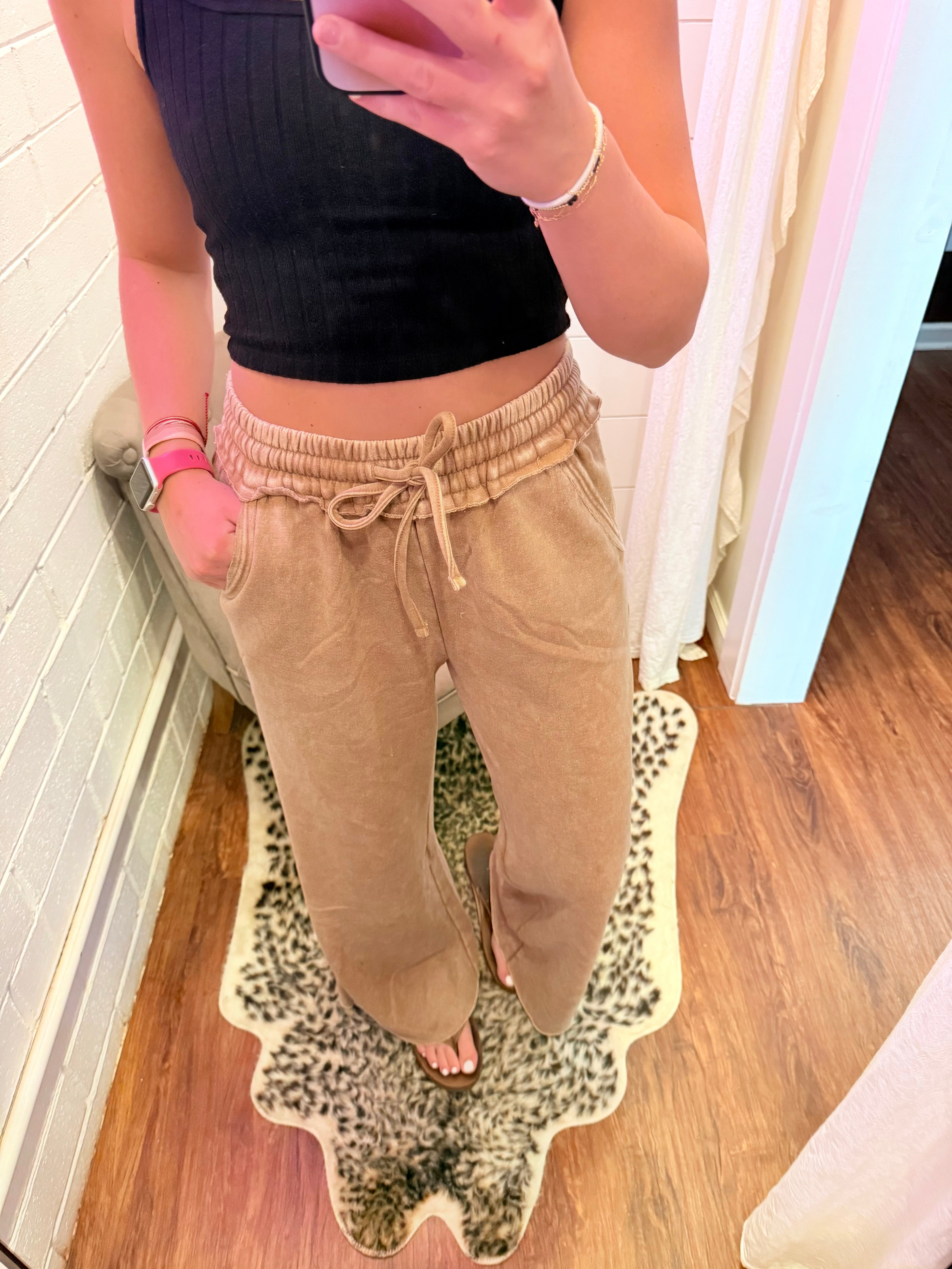 Deep Camel Acid Wash Fleece Sweatpants w/Pockets