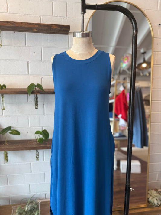 Classic Blue Brushed Side Slit Dress w/Pockets