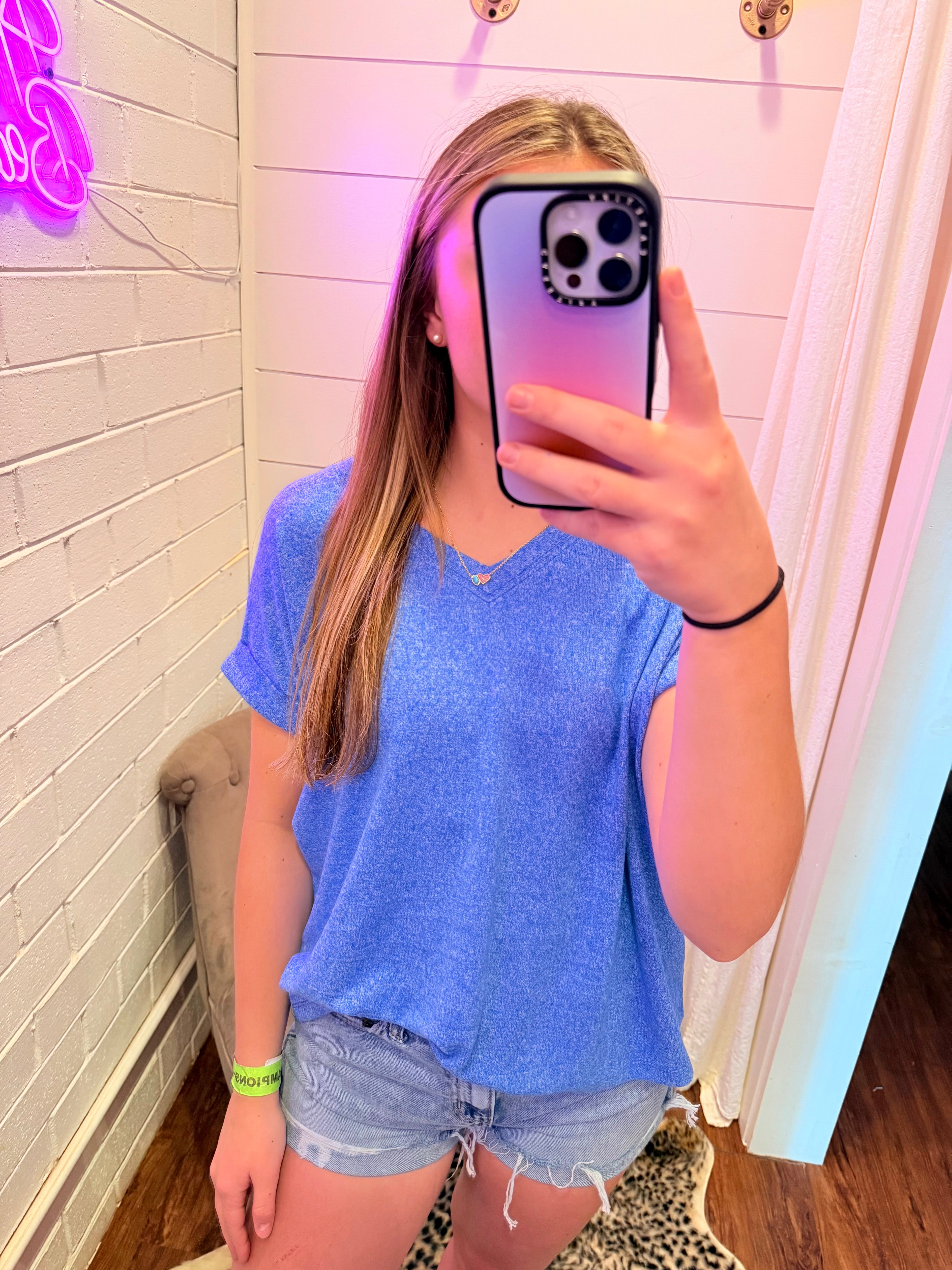 Light Navy Soft Melange Short Sleeve Round Neck Cropped Top