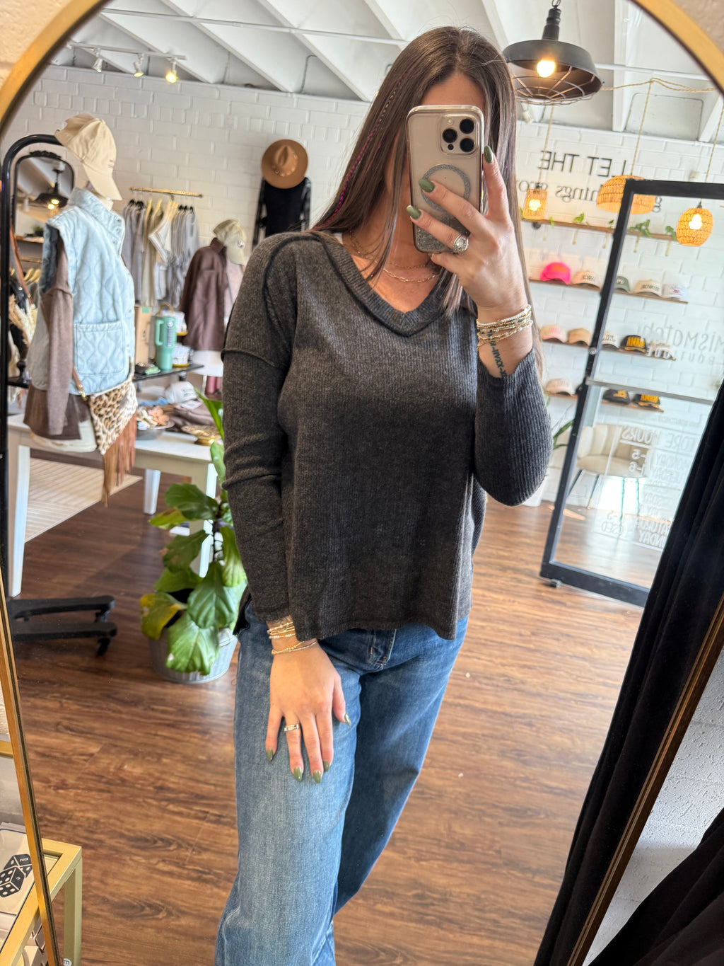 Ribbed Drop Shoulder V-Neck - Black