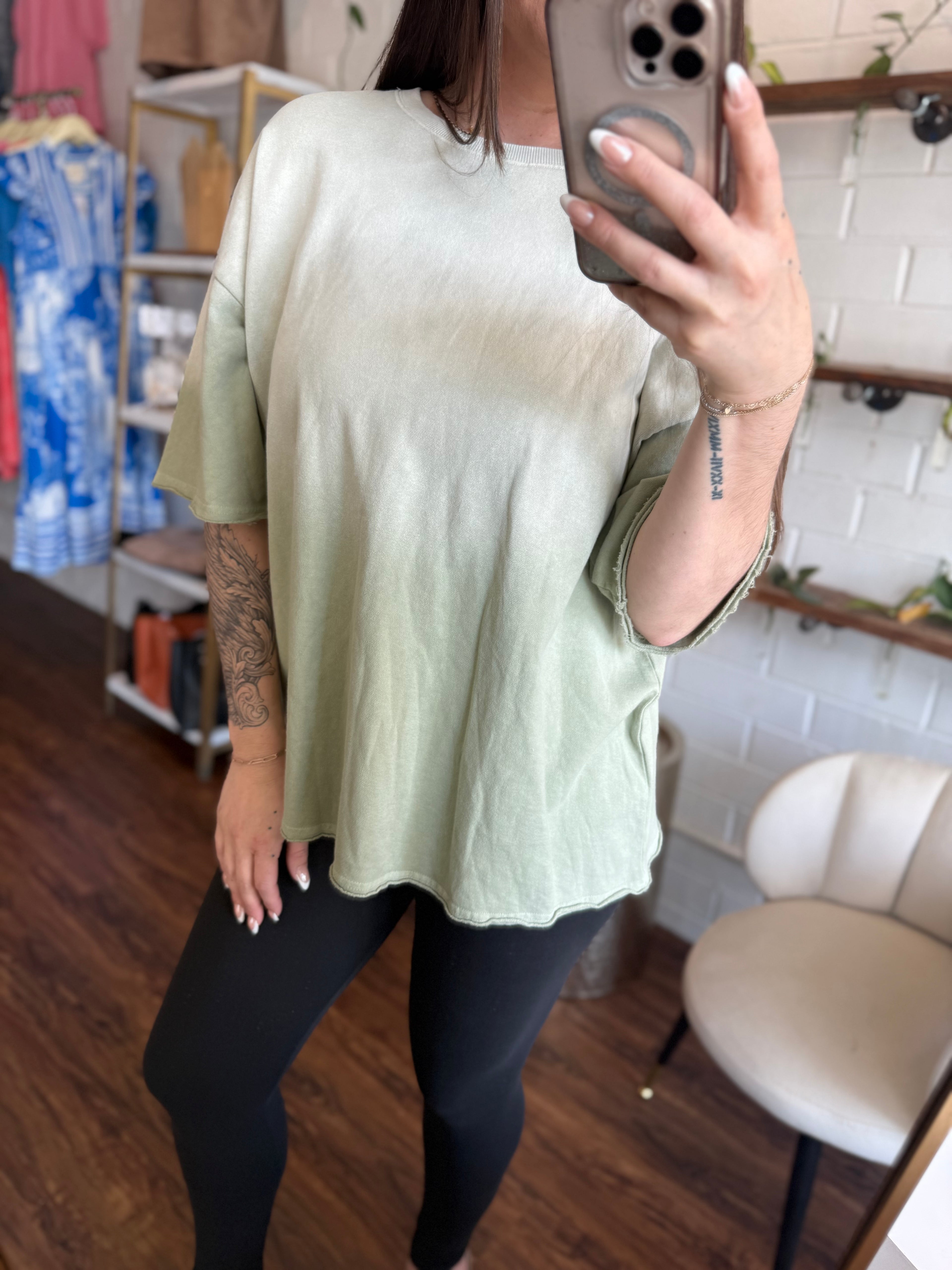 Washed Light Olive Raw Edge Top