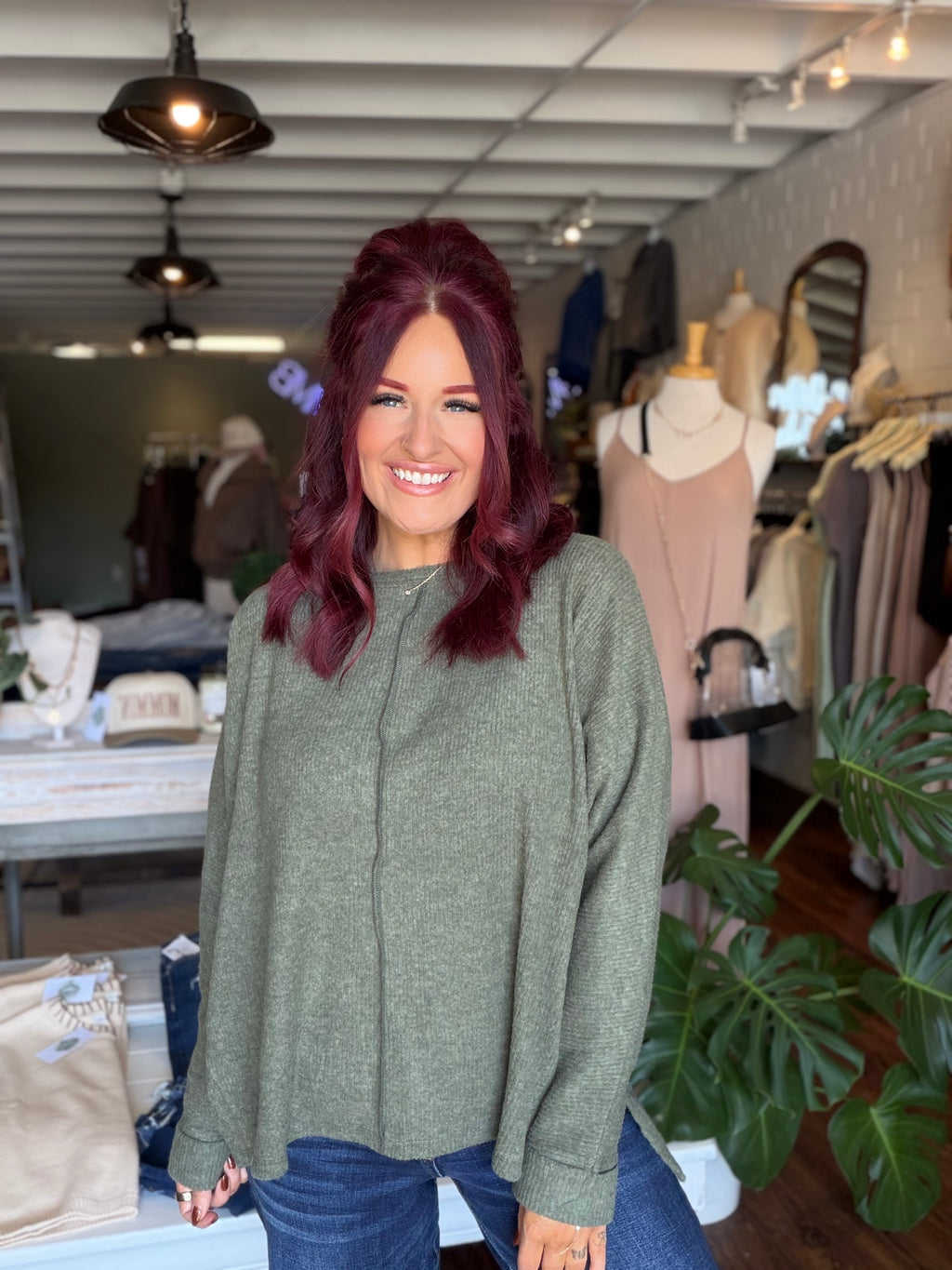 Ribbed Center Seam Dolman Sleeve Top - Dk Olive
