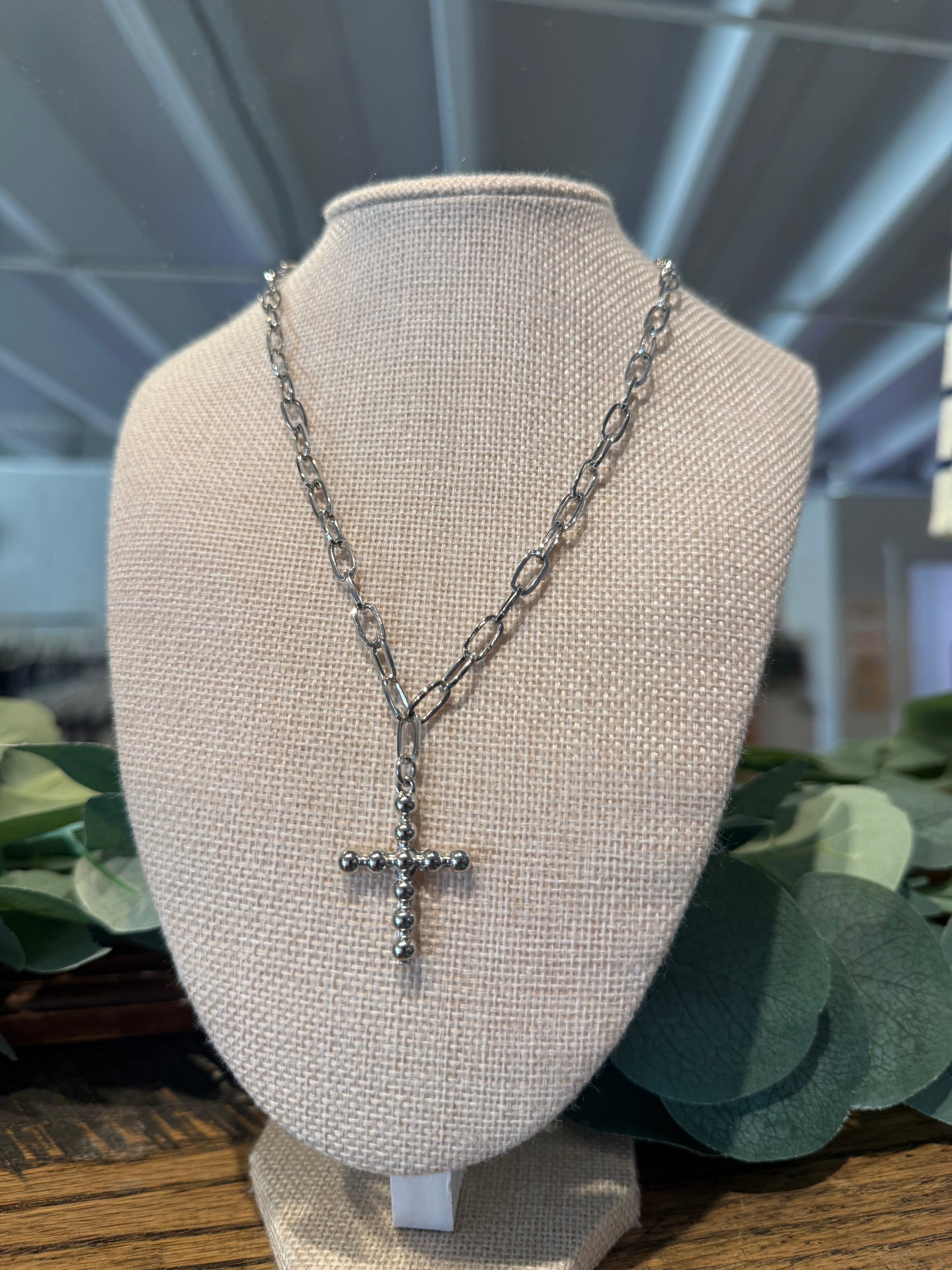 Silver Chain Link Necklace with Bubble Cross Charm