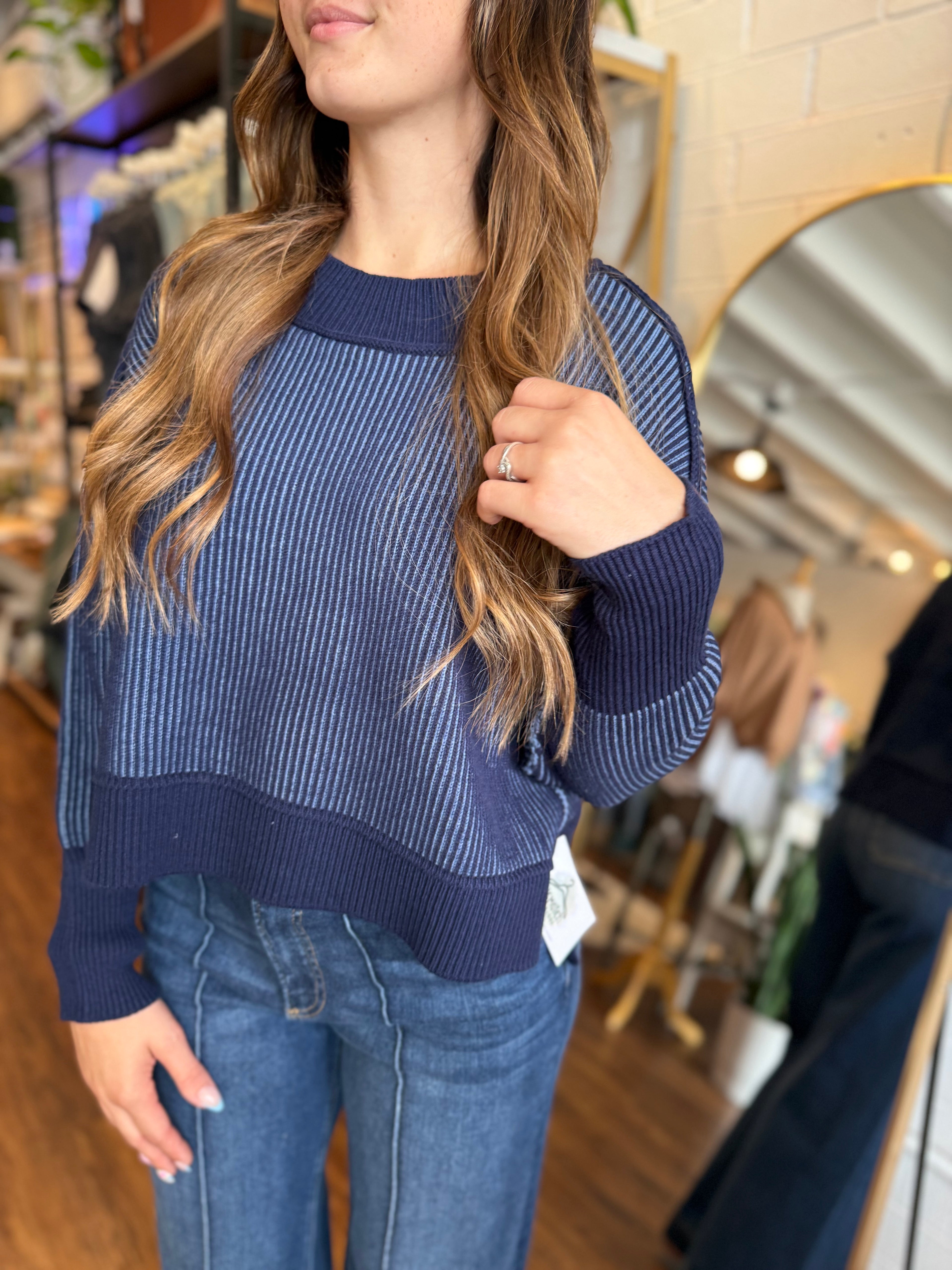 Exposed Seam Two Tone Sweater - Navy