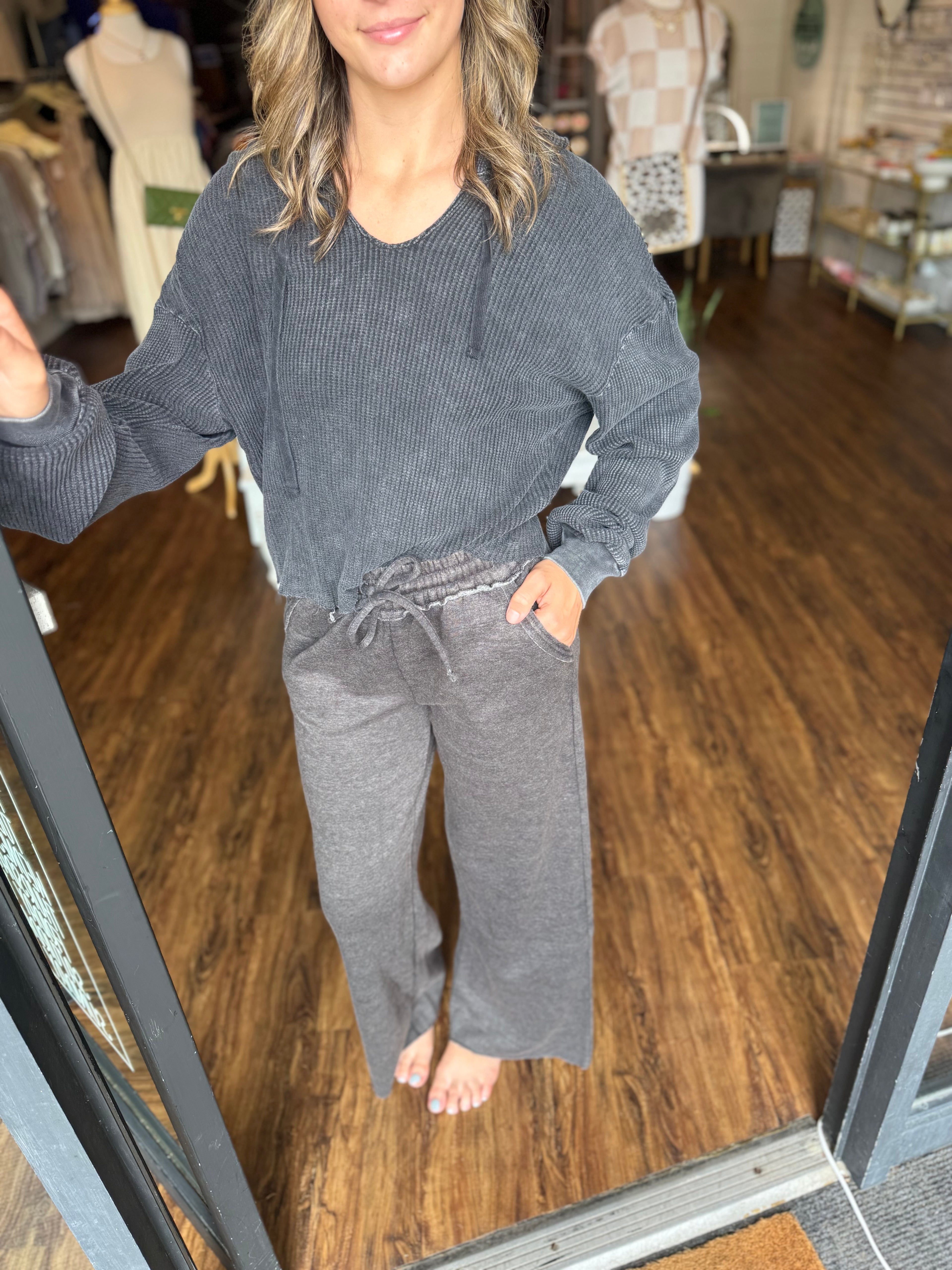 Black Mineral Washed Cropped Waffle Knit Hoodie