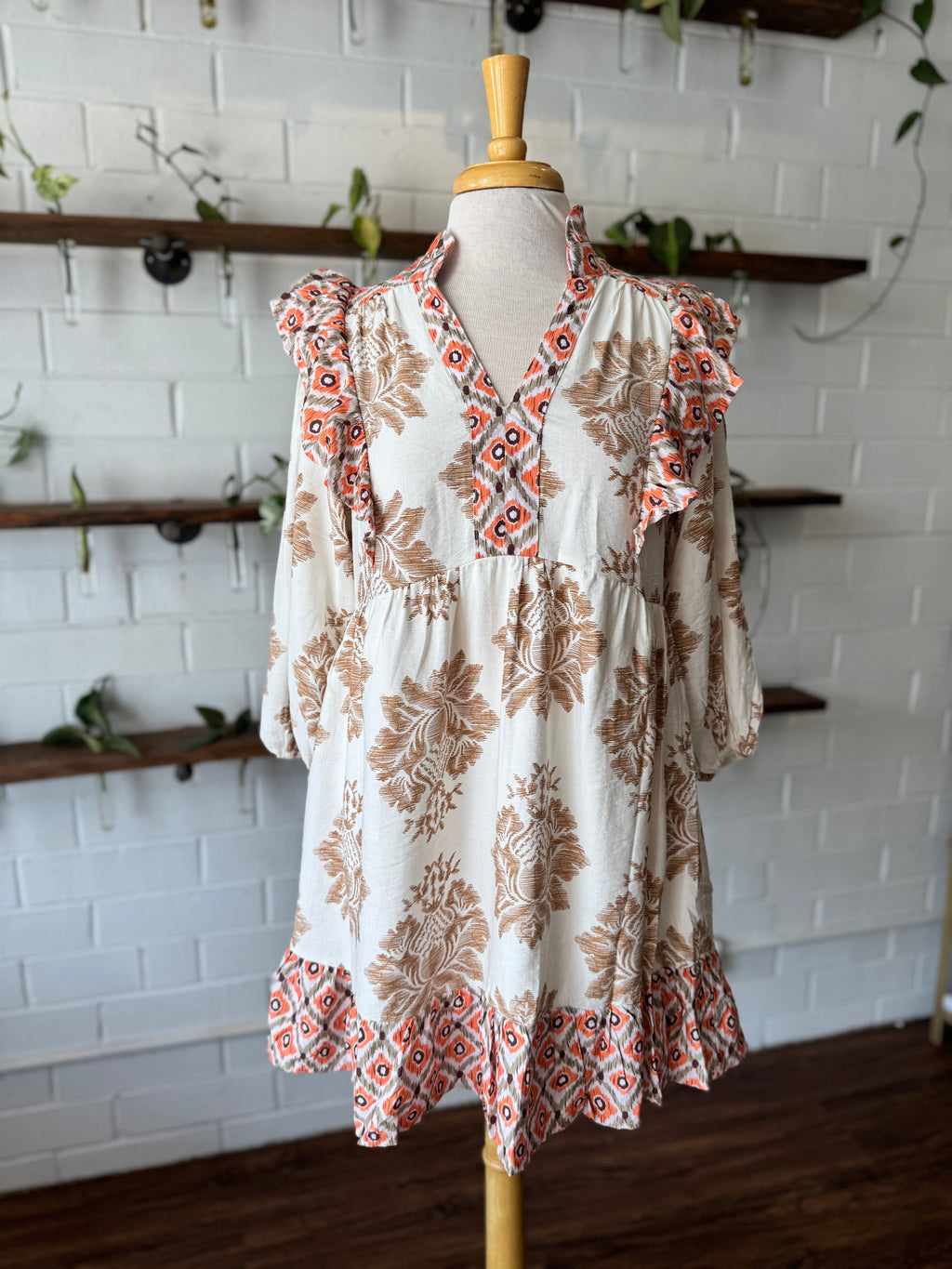 Mixed Print 3/4 Sleeve Dress