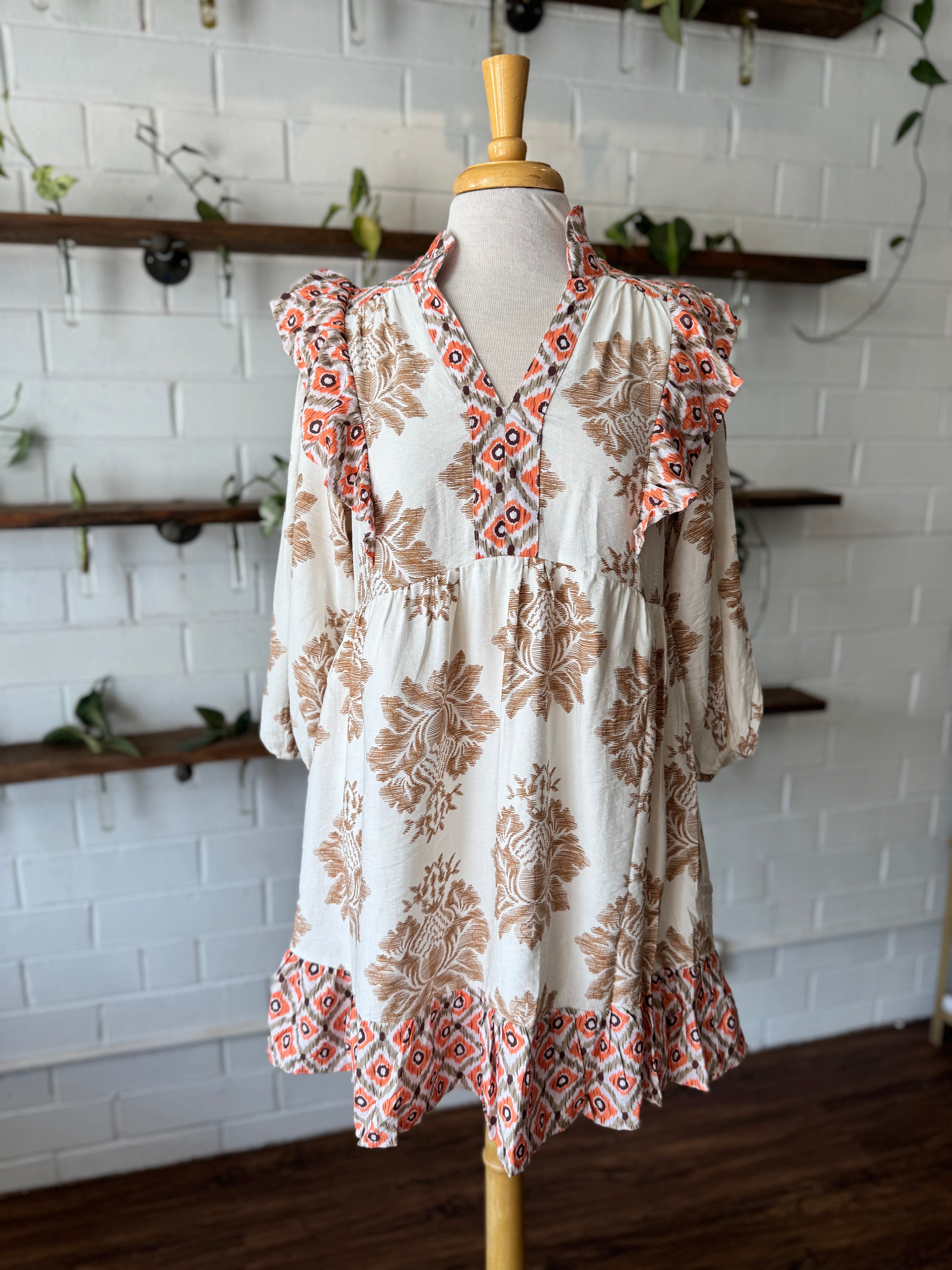 Mixed Print 3/4 Sleeve Dress