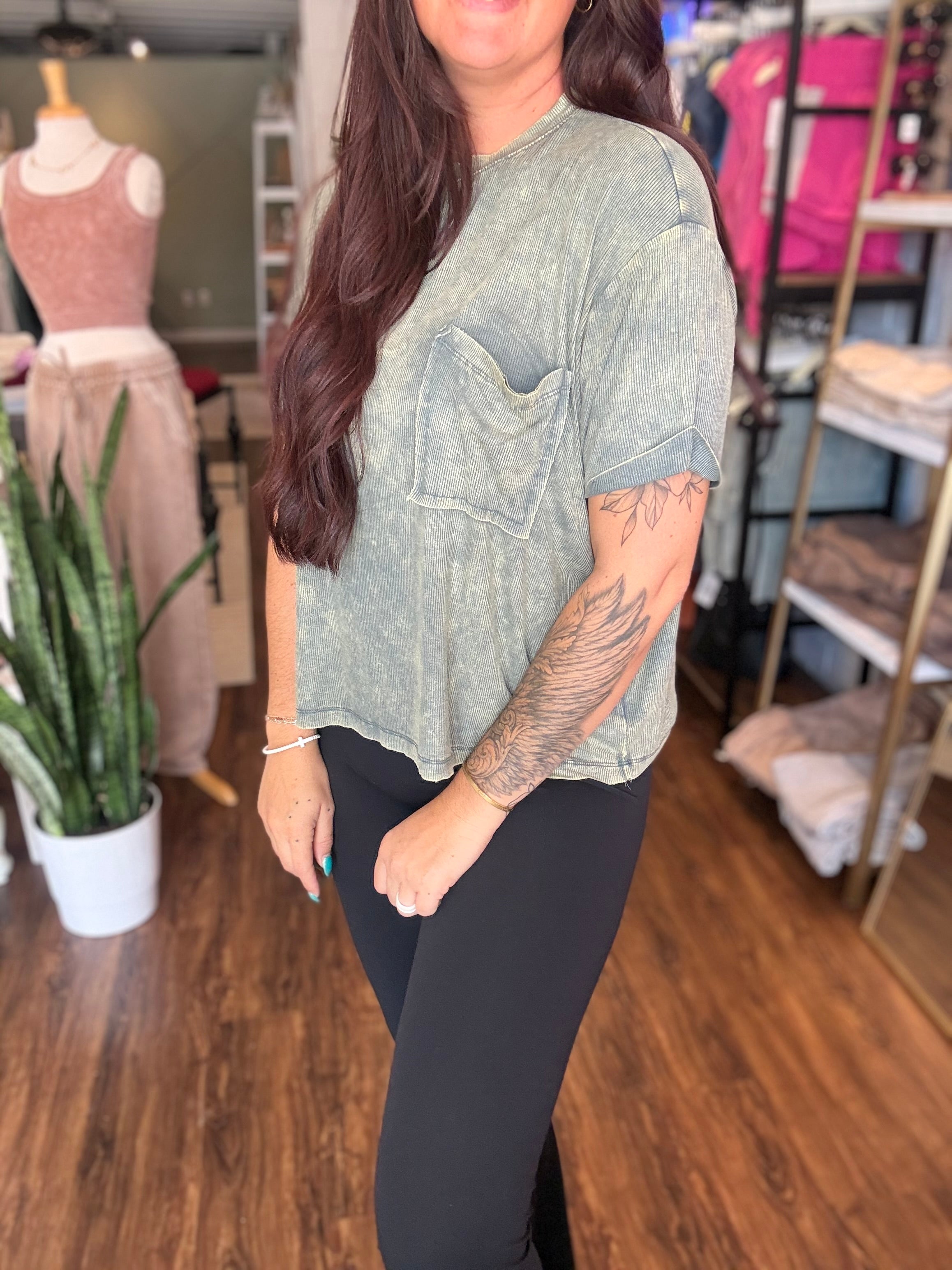 Washed Ribbed Cuffed Short Sleeve Round Neck Top