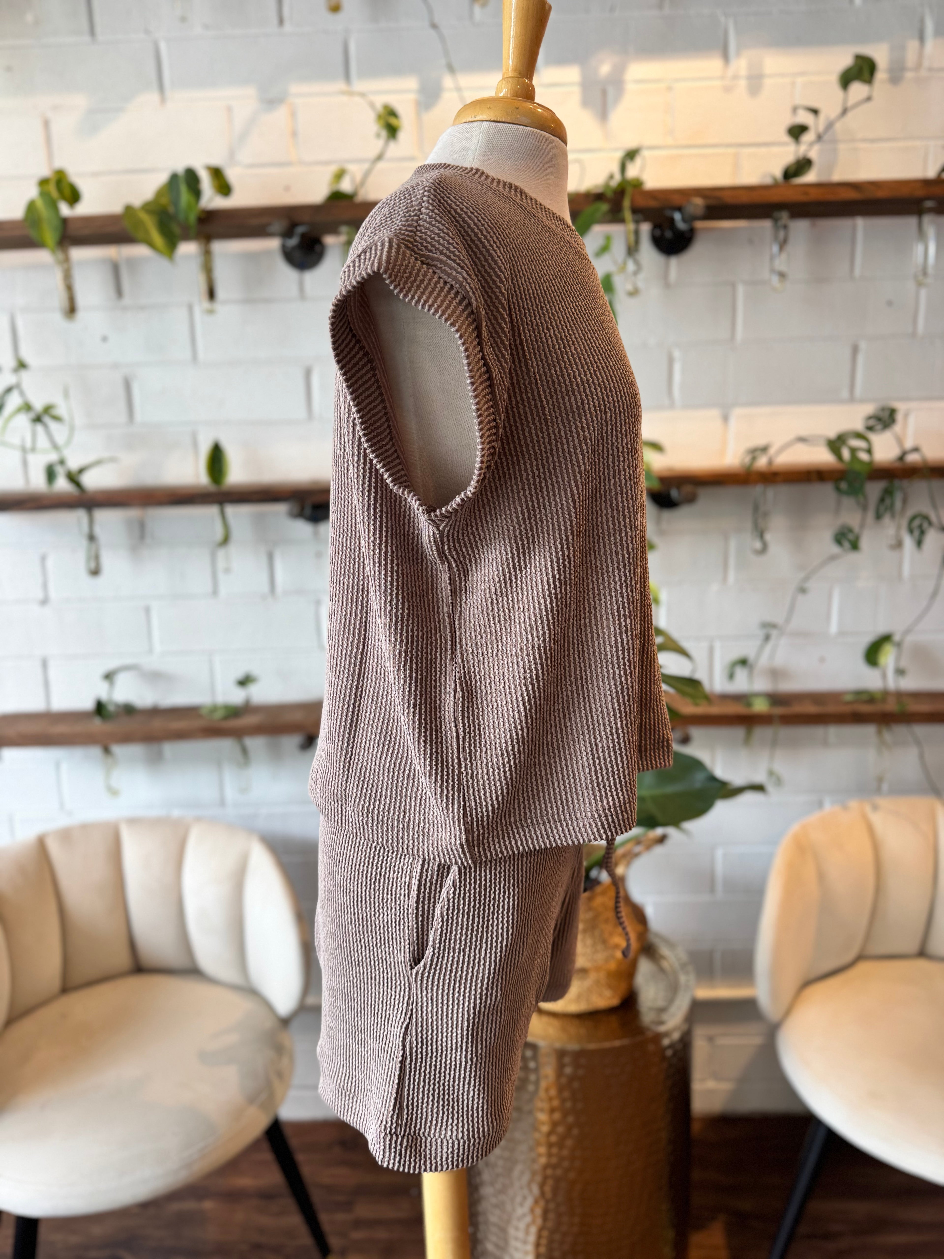 Ribbed Cap Sleeve Top & Shorts Set - Mocha