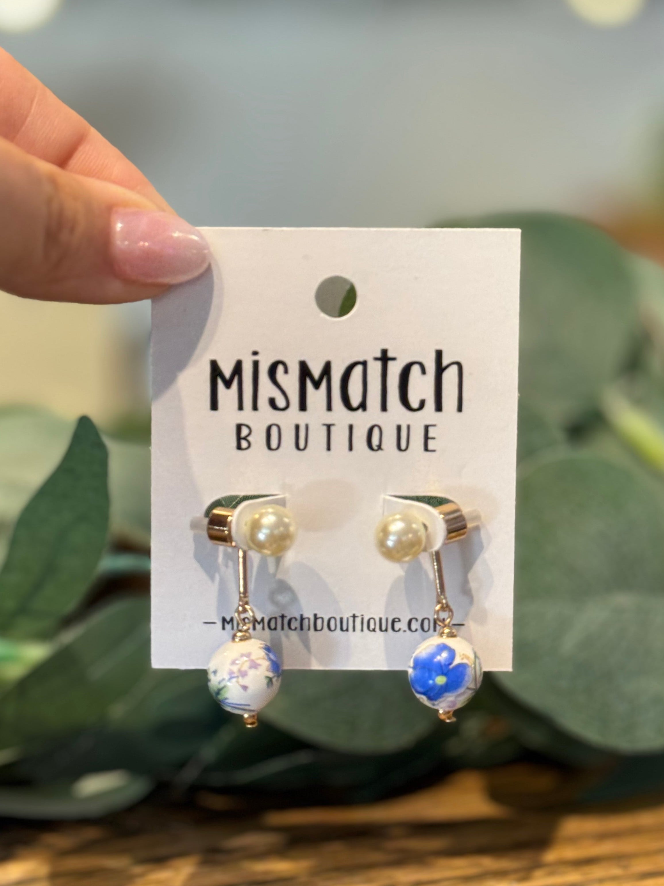 Pearl & Blue Floral Bead Earrings