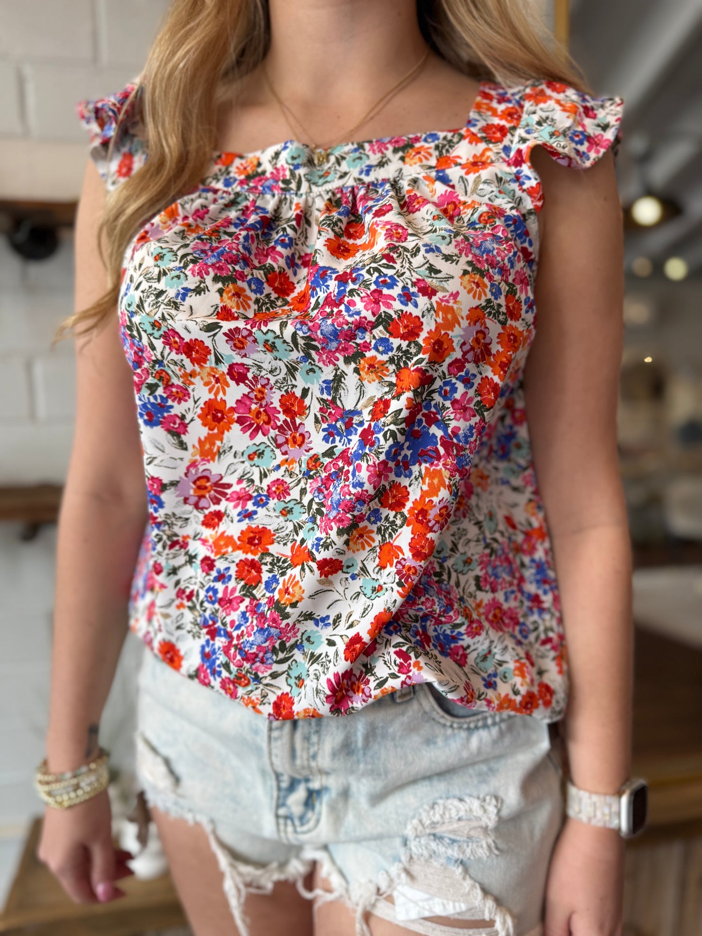 Boho Floral Square Neck Flutter Sleeveless Top