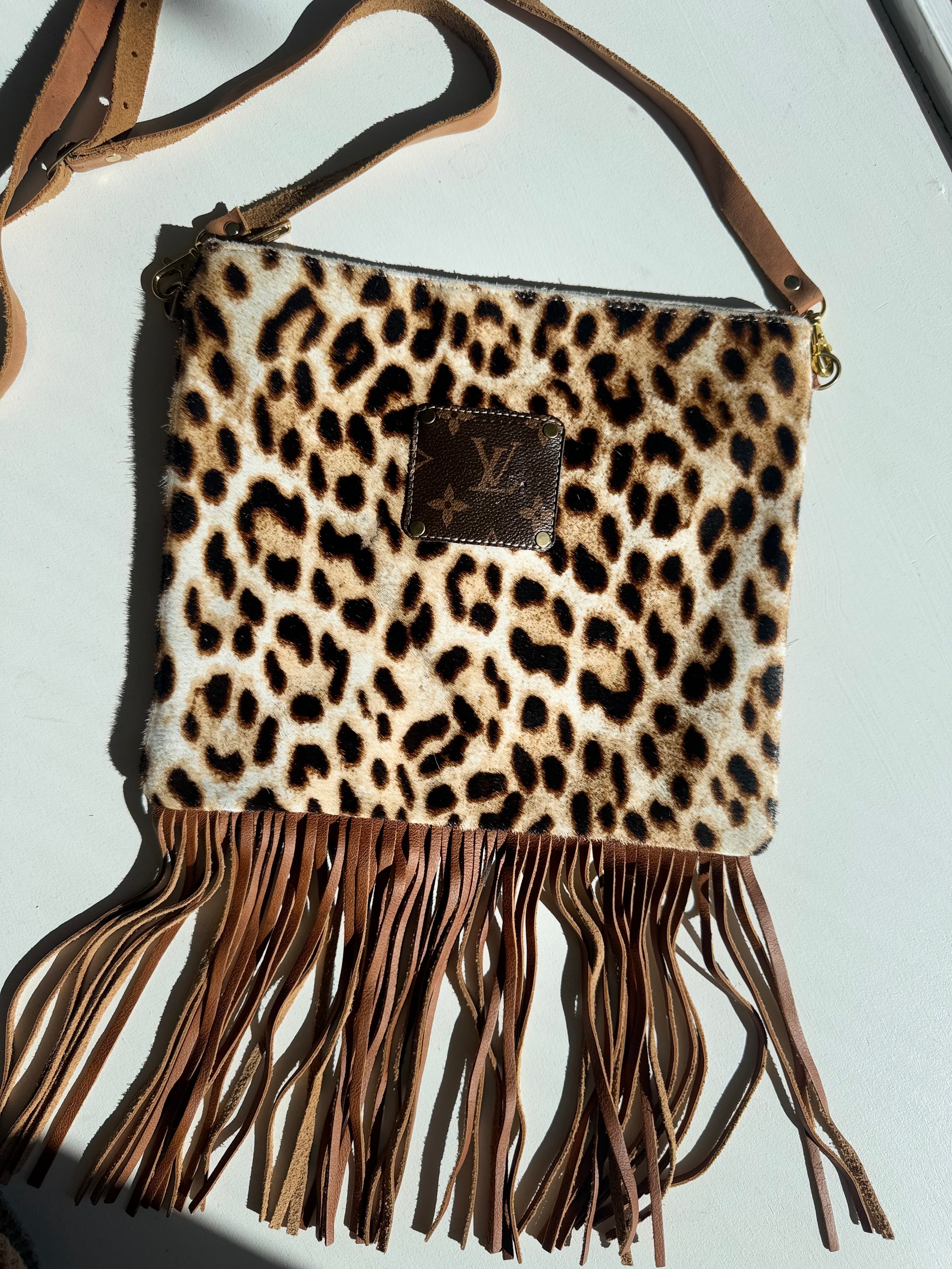 Cheetah LV Crossbody with Brown Fringe & Teal Inside