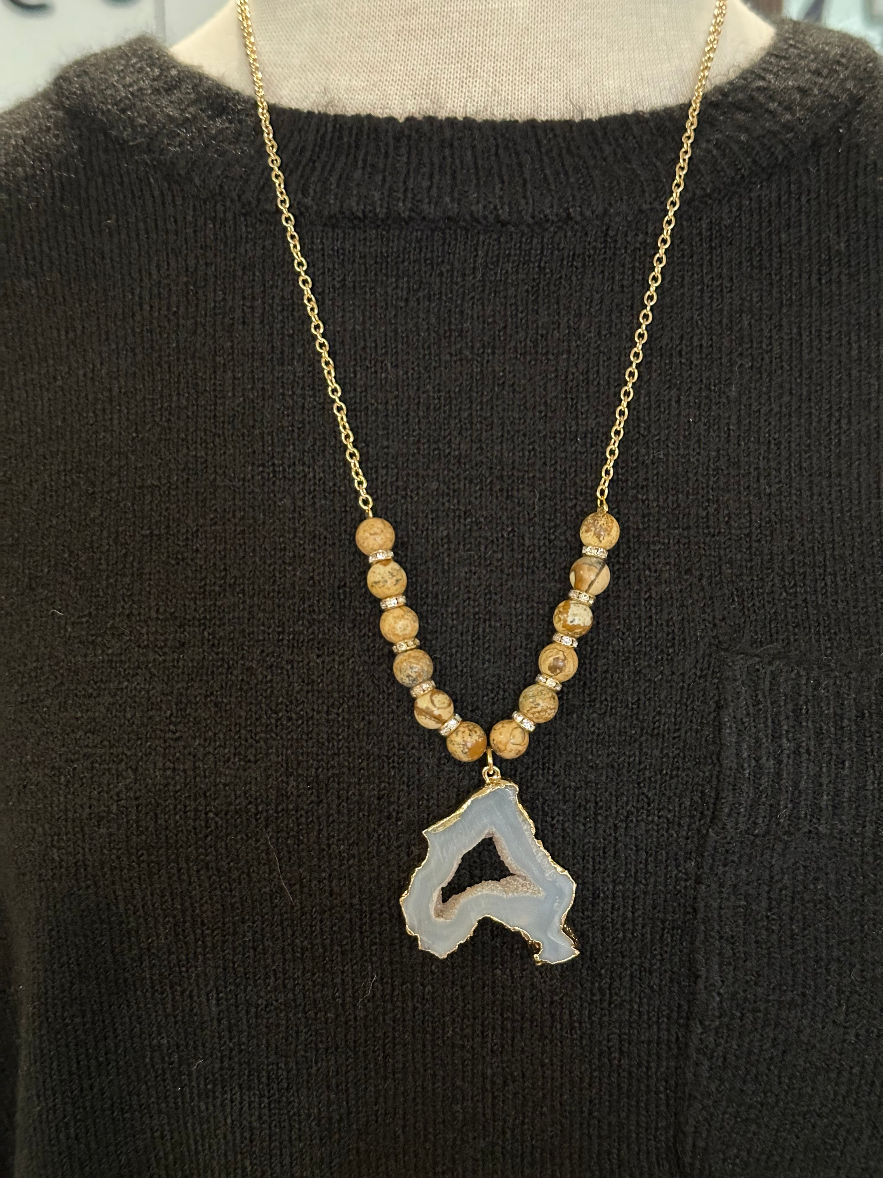 Stone/Geode with Crystal Beads Gold Necklace, Tan