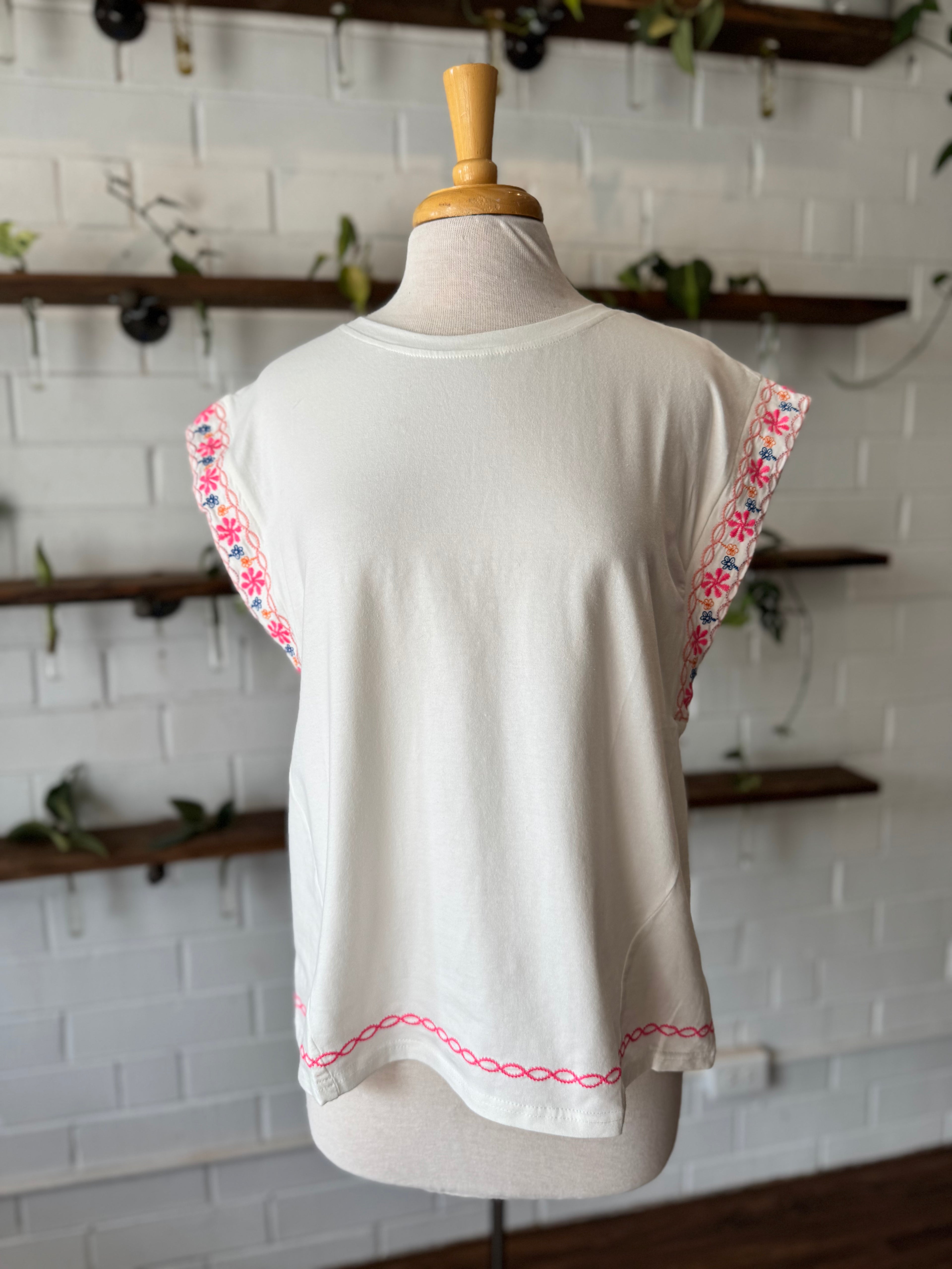 Embroidered Cap Sleeve Top