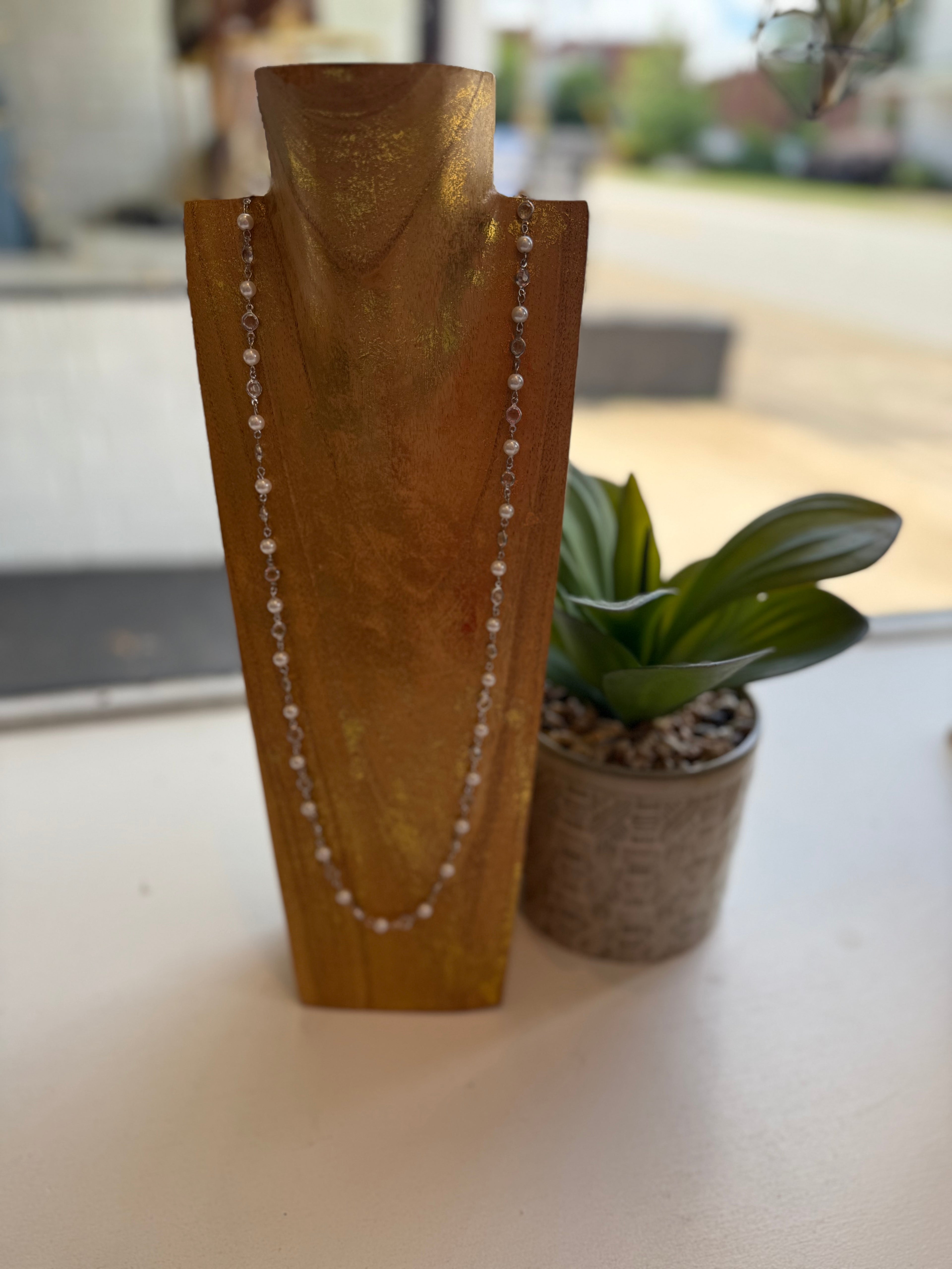 Long Silver Pearl Pendant Necklace