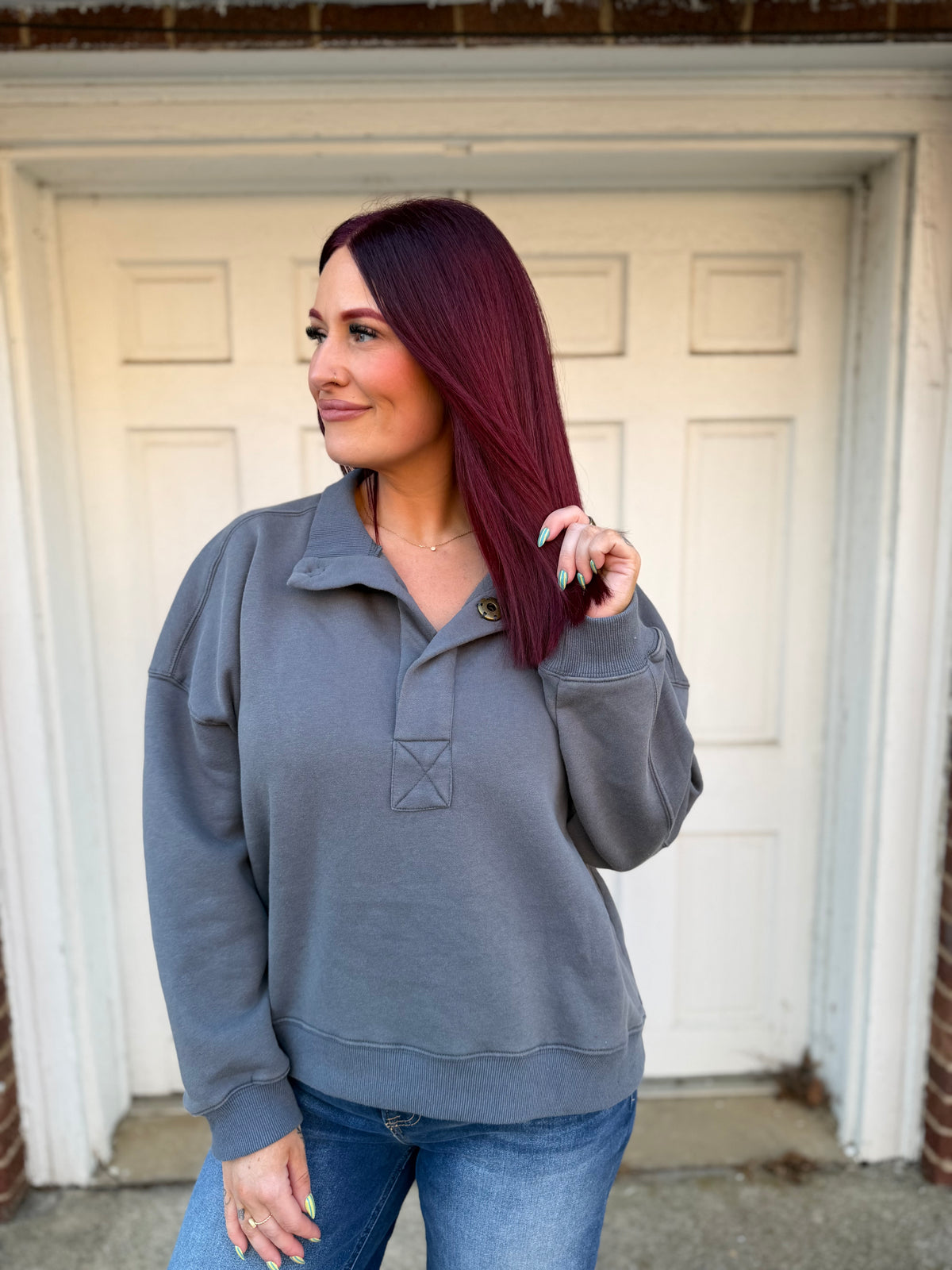 Oversized Snap Neck Pullover Sweatshirt - Charcoal