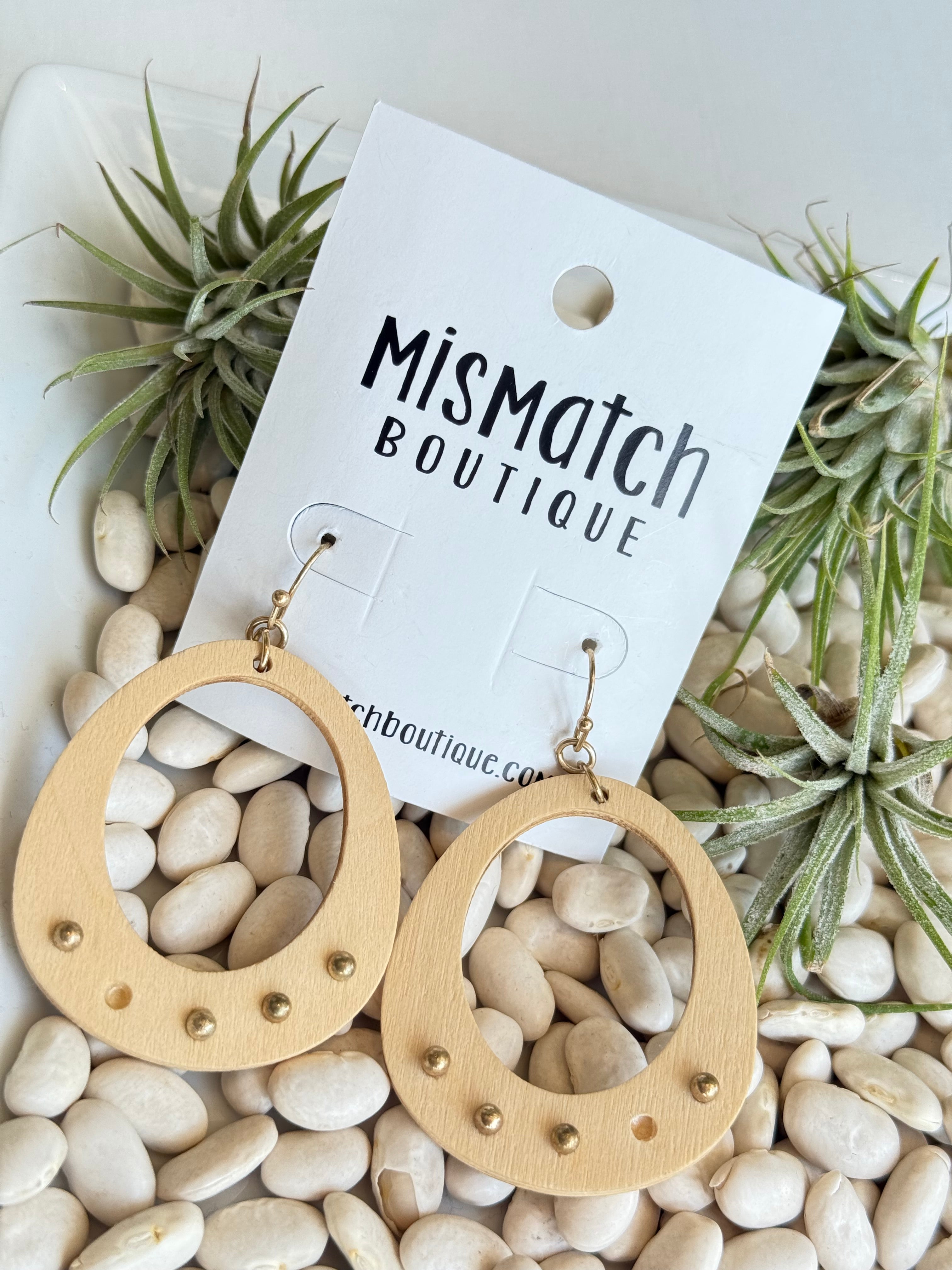 Wooden oval drop earrings with brass detail
