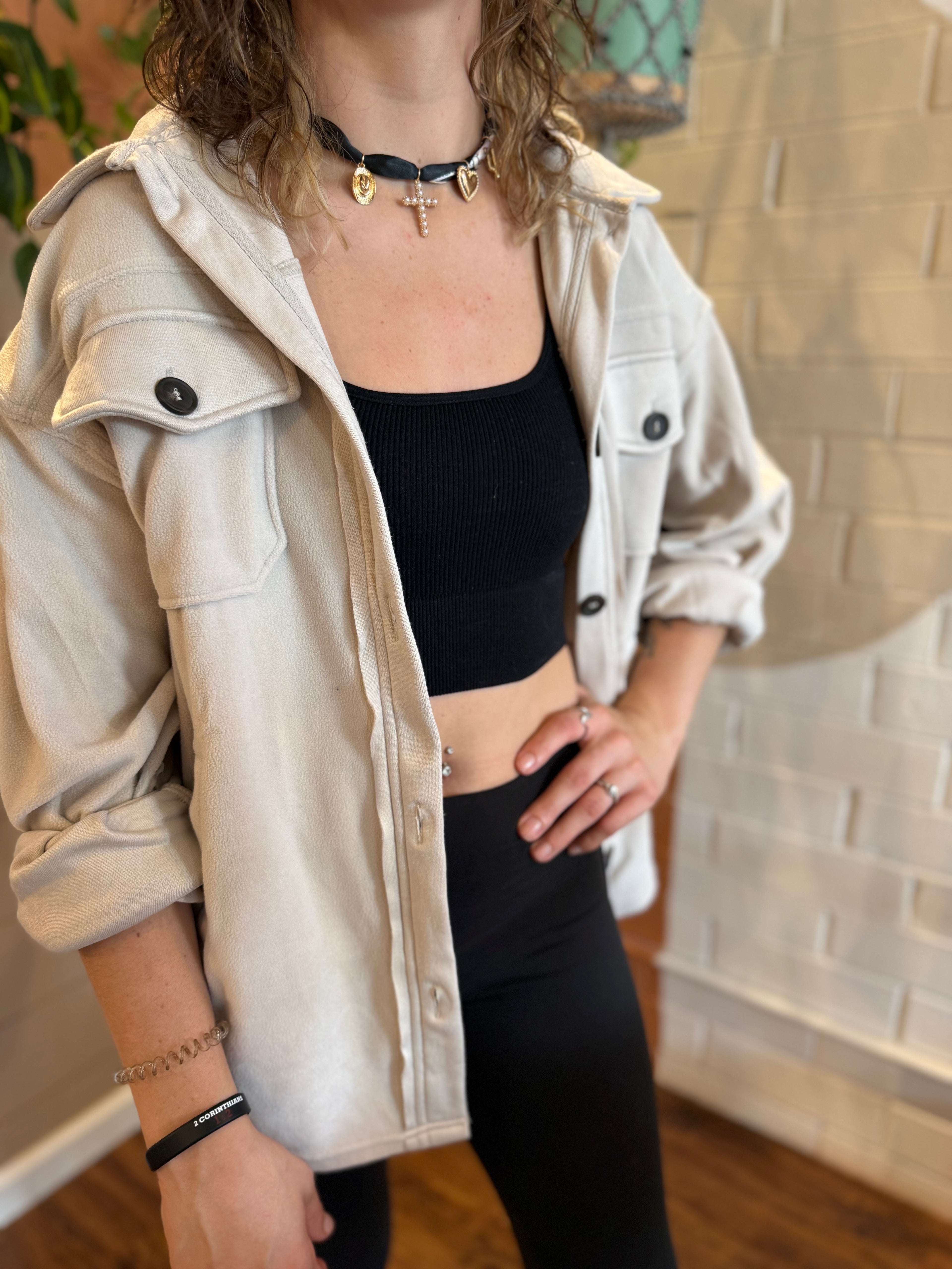 Button Down Fleece Shacket - Beige