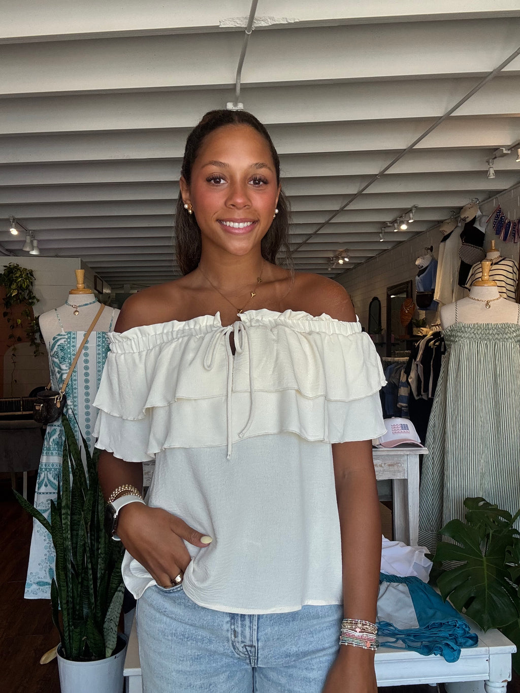 Off-Shoulder Tiered Ruffle Top- Ivory