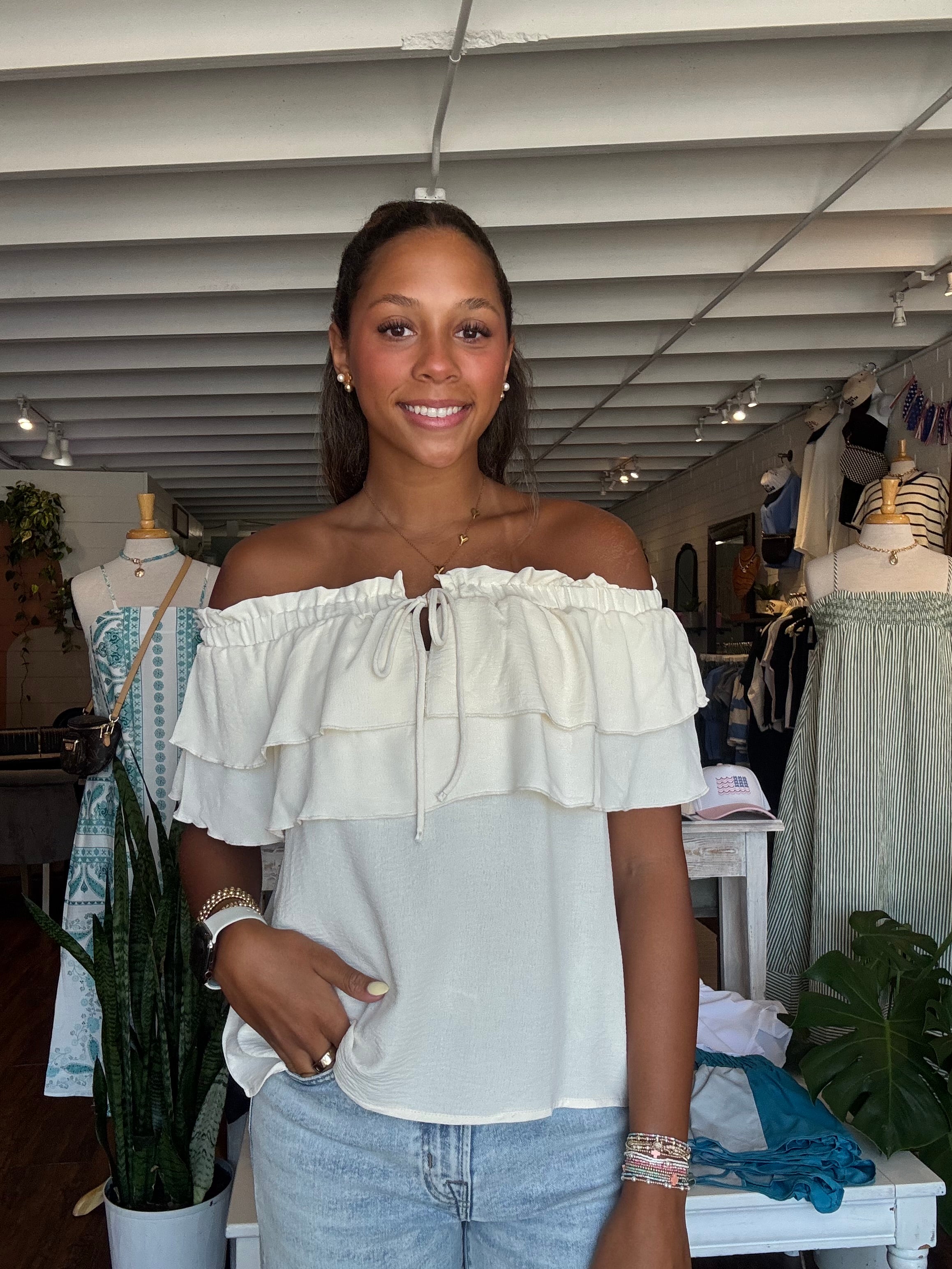 Off-Shoulder Tiered Ruffle Top- Ivory