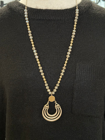 Gold Pendant Long Necklace, Taupe