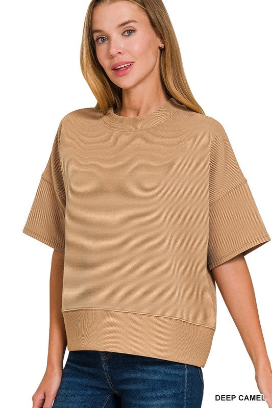 Ribbed Round Neck Tee -Camel