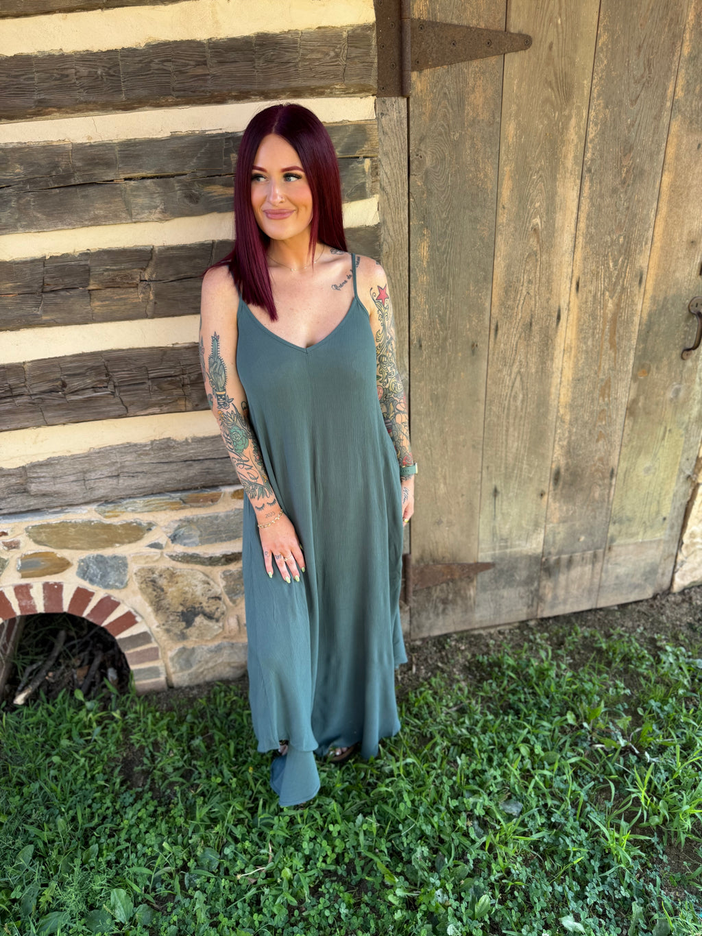 Woven Crinkle Cami Maxi Dress W Side Pockets