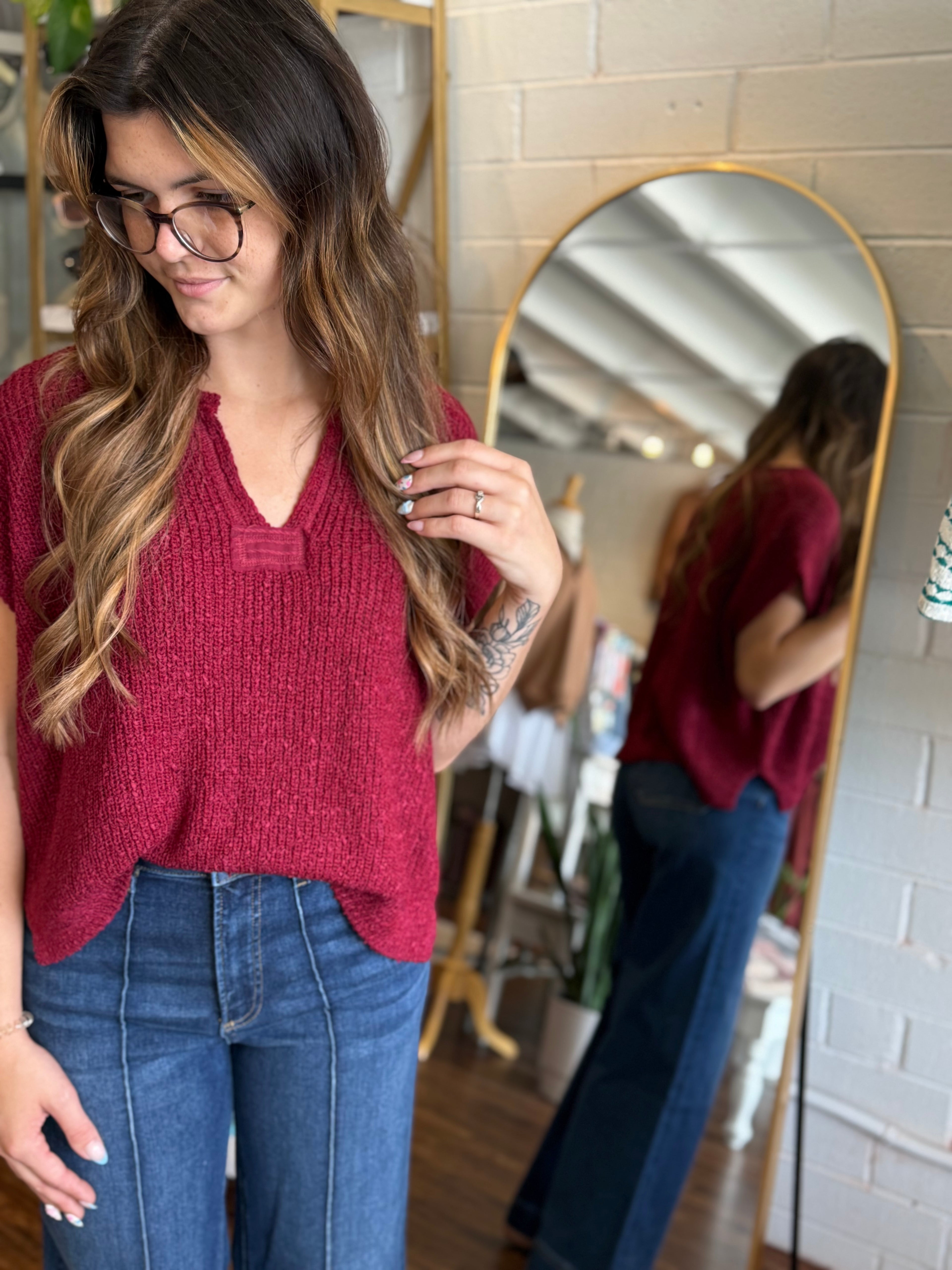 Back Patch Rolled Split-neck Side Slit Pullover - CABERNET
