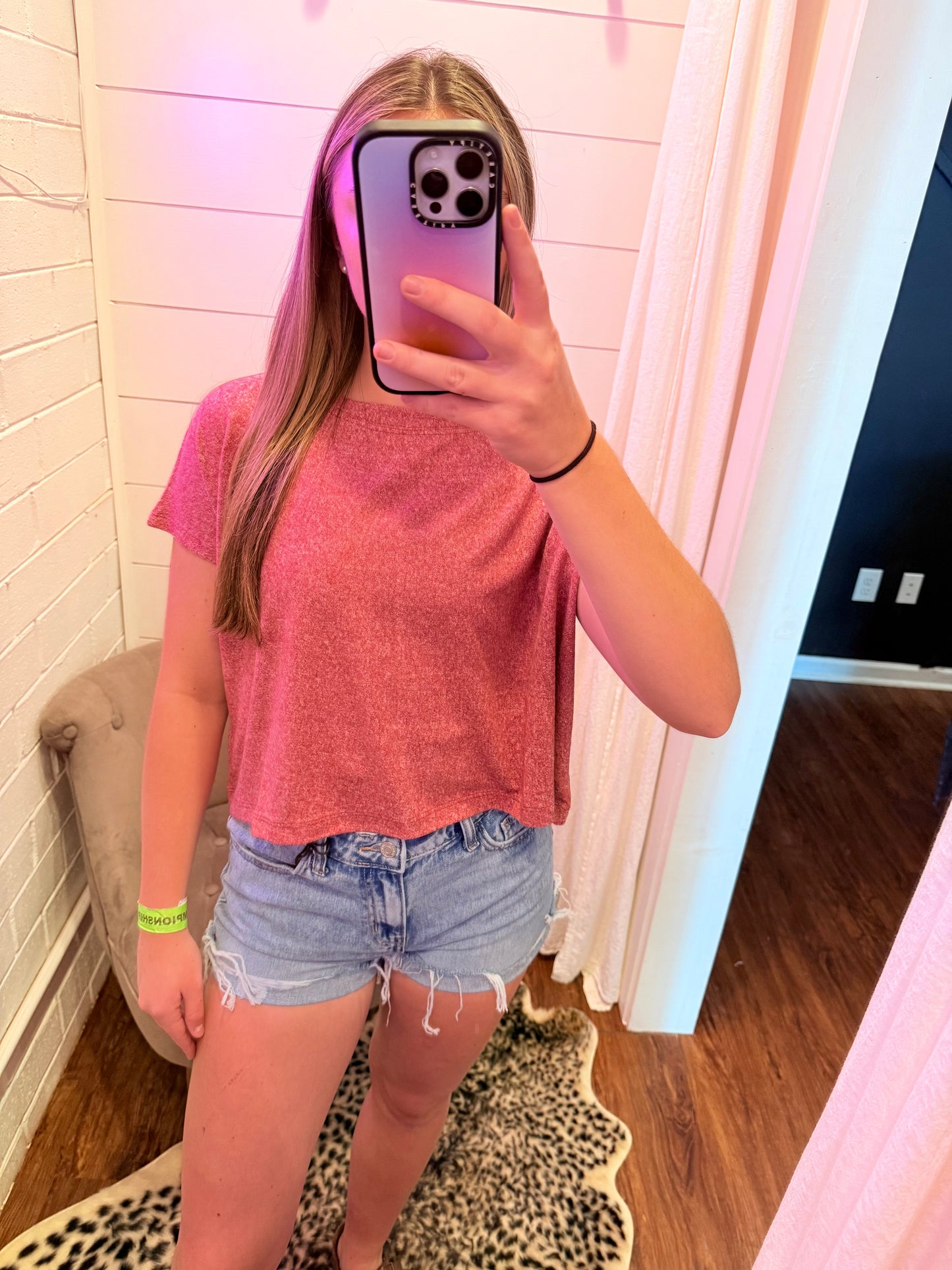 Dark Red Soft Melange Short Sleeve Round Neck Cropped Top