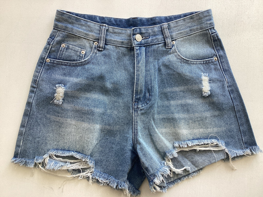 High-Waisted Denim Shorts with Frayed Edges