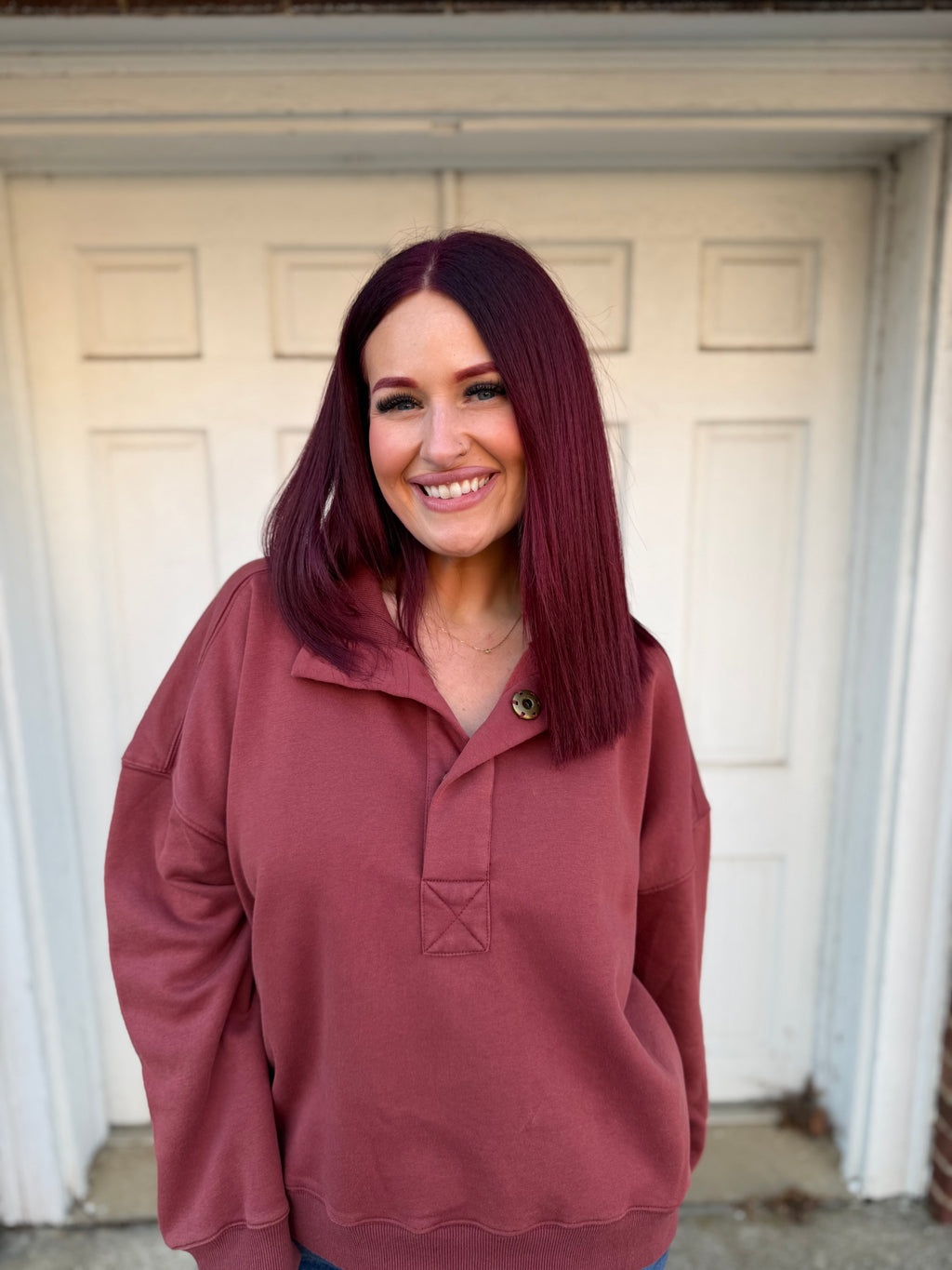 Oversized Snap Neck Pullover Sweatshirt - Mulberry
