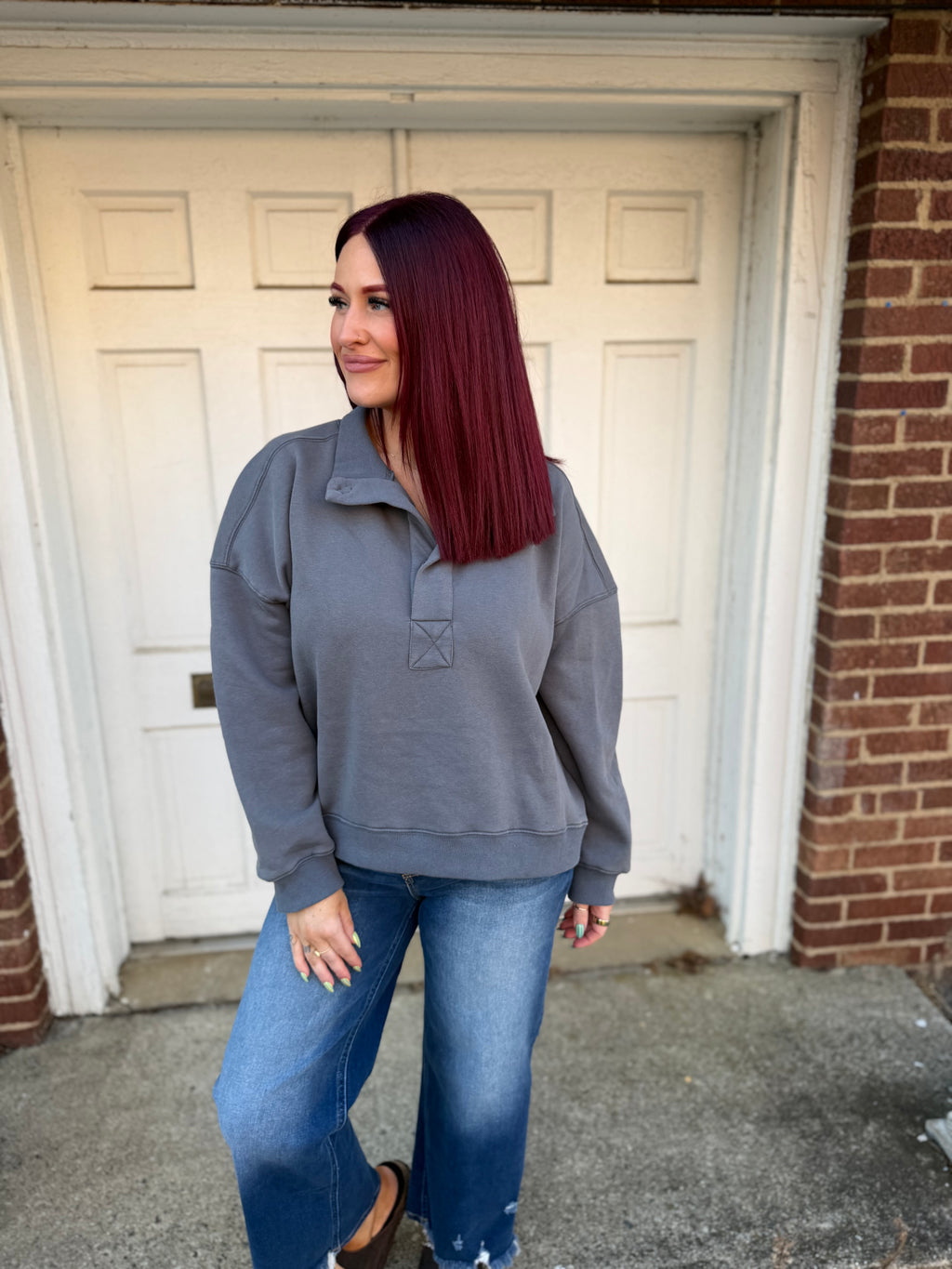Oversized Snap Neck Pullover Sweatshirt - Charcoal