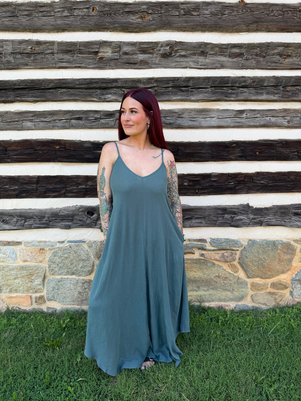 Woven Crinkle Cami Maxi Dress W Side Pockets