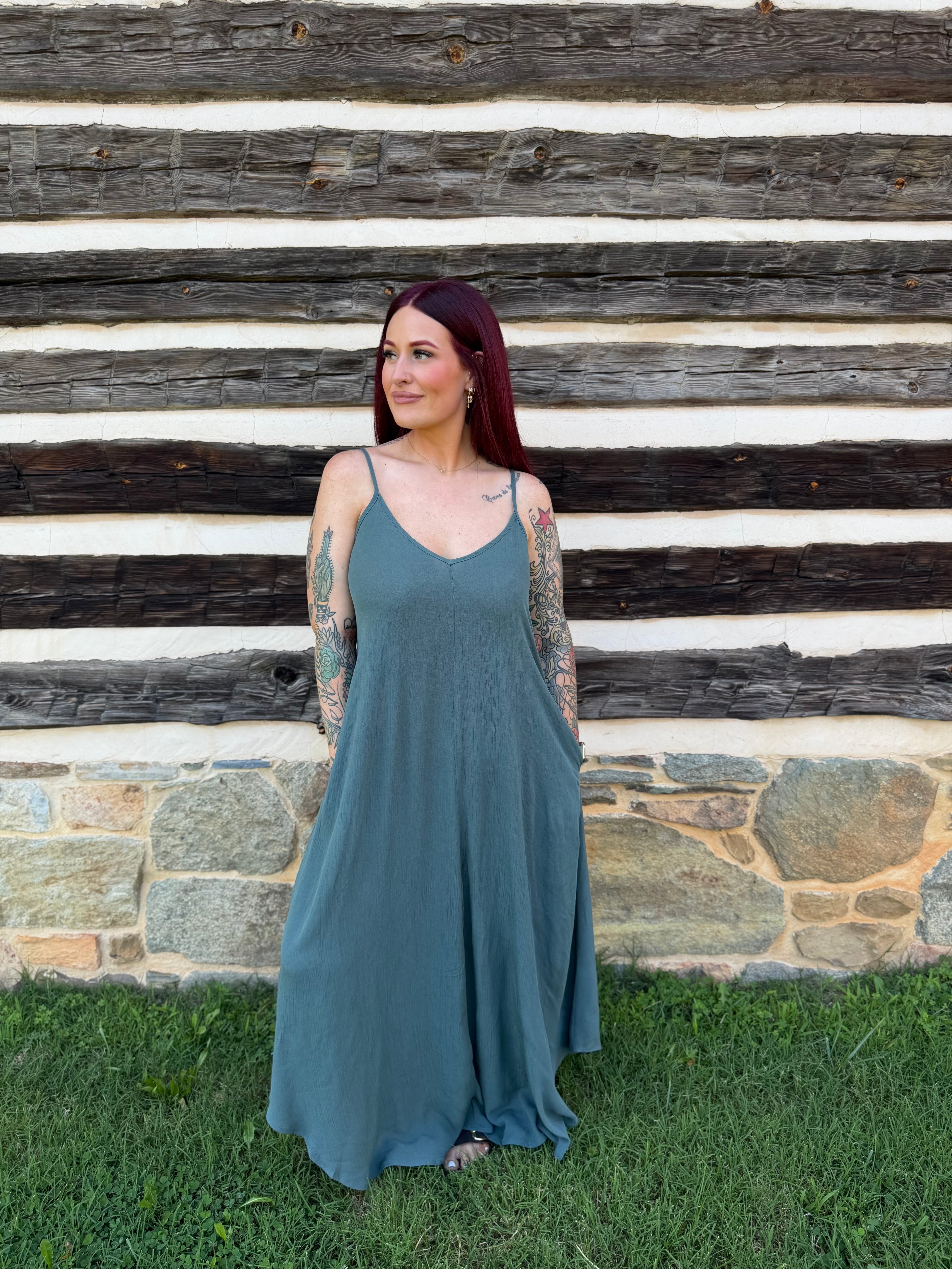 Woven Crinkle Cami Maxi Dress W Side Pockets
