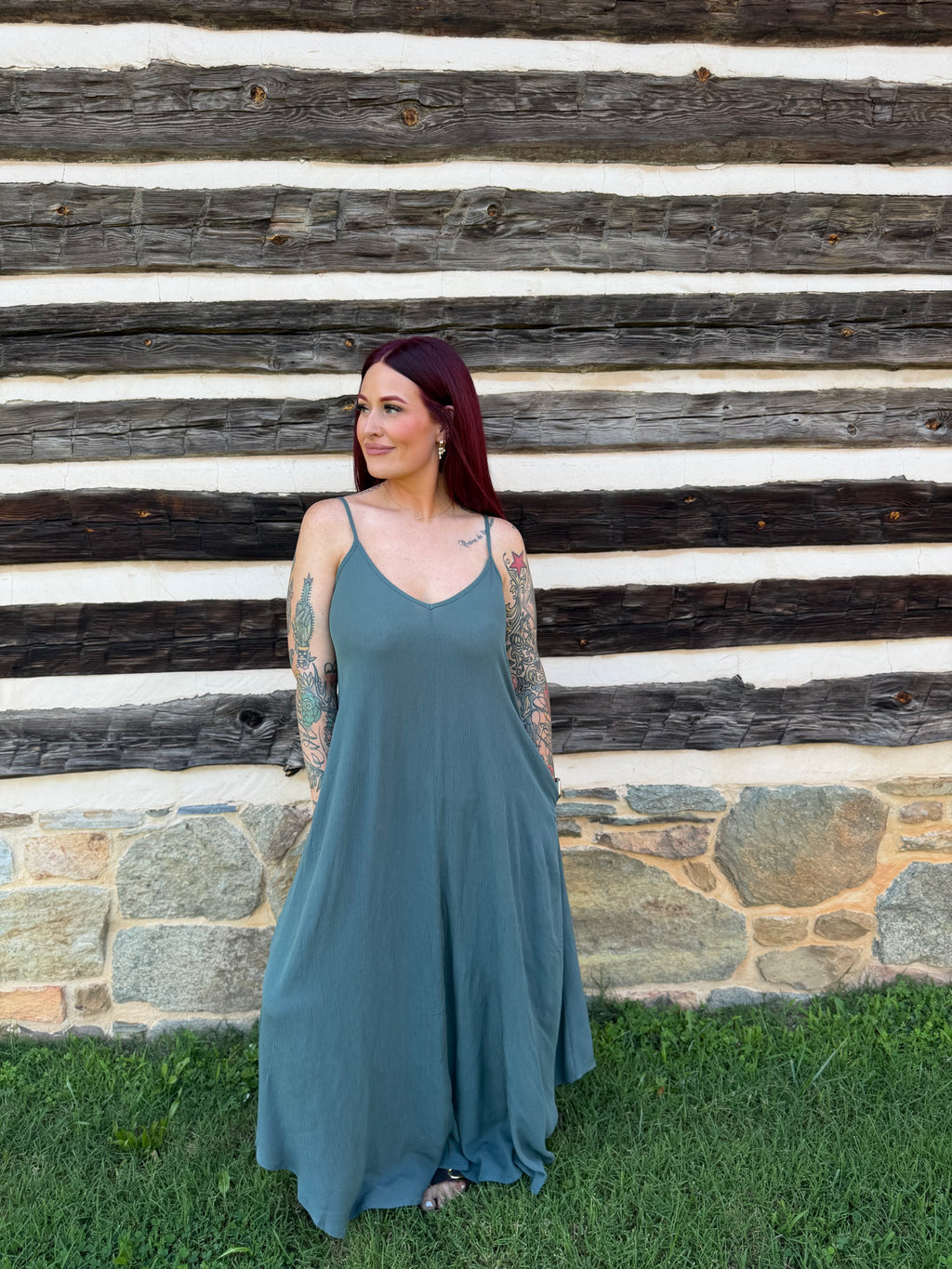 Woven Crinkle Cami Maxi Dress W Side Pockets