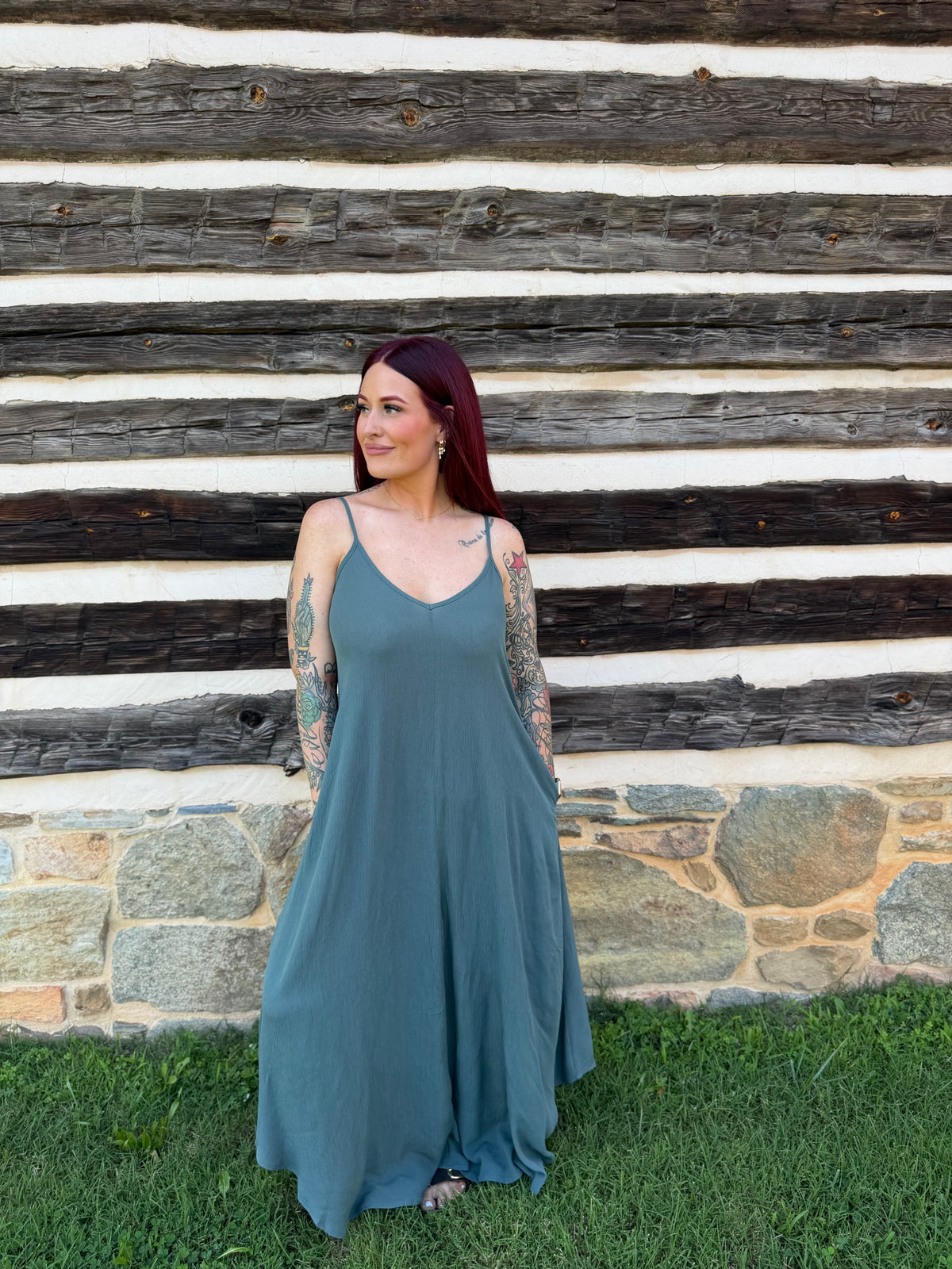 Woven Crinkle Cami Maxi Dress W Side Pockets