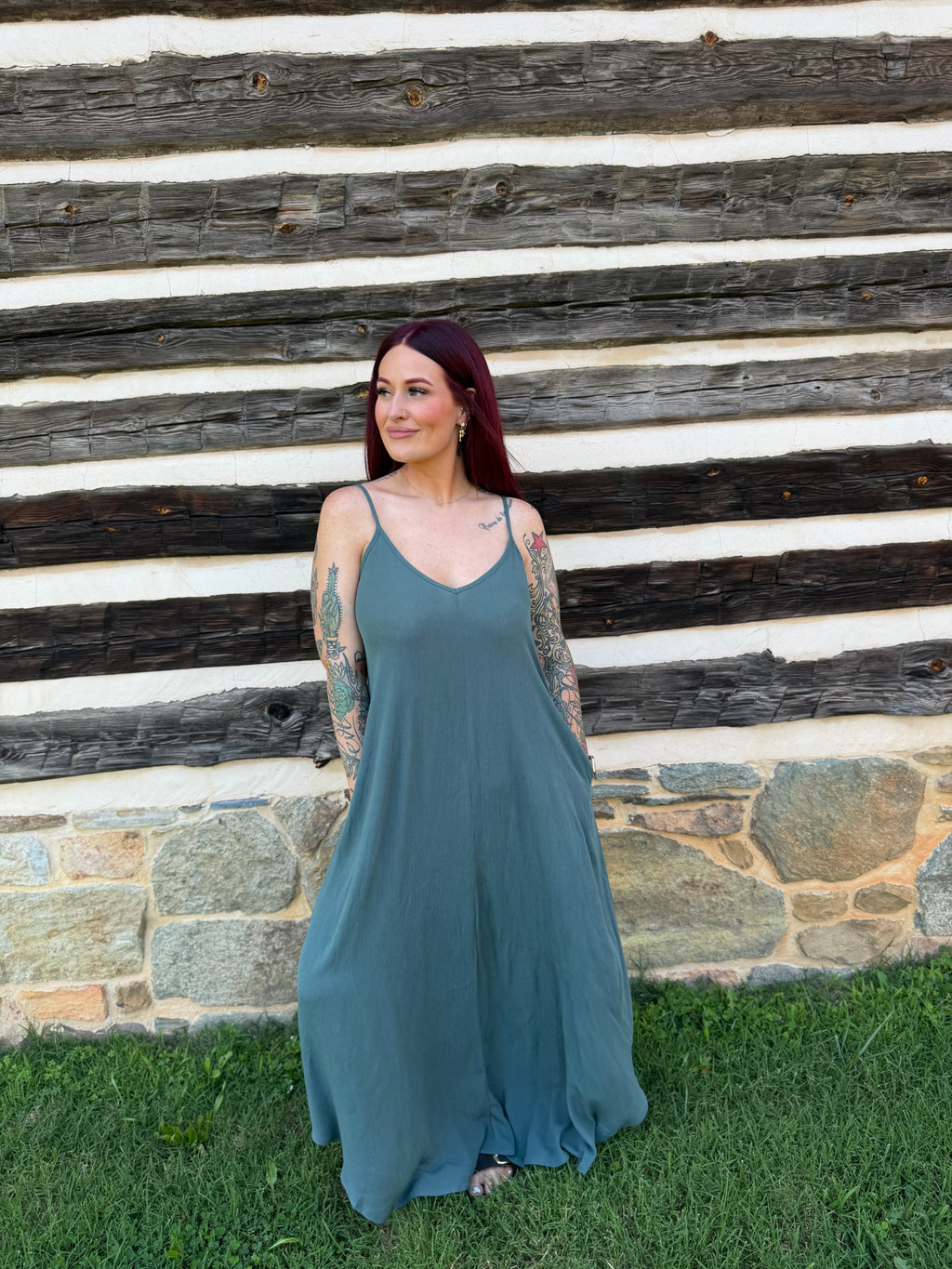 Woven Crinkle Cami Maxi Dress W Side Pockets