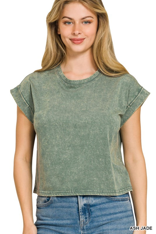 Washed Cotton Cuffed Short Sleeve Top - Ash Jade