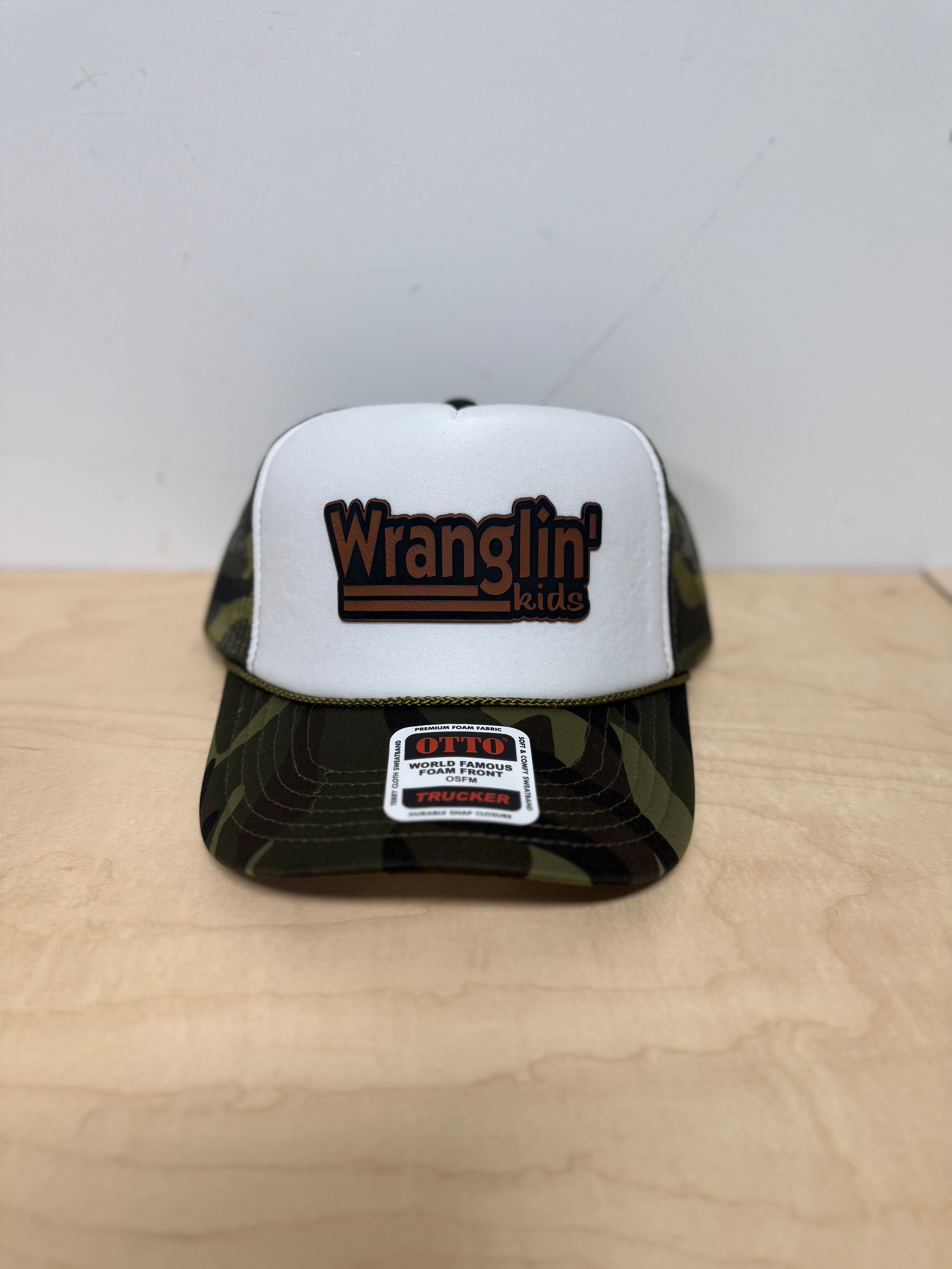 "Wranglin Kids" White Front Camo Mesh Back Trucker Hat