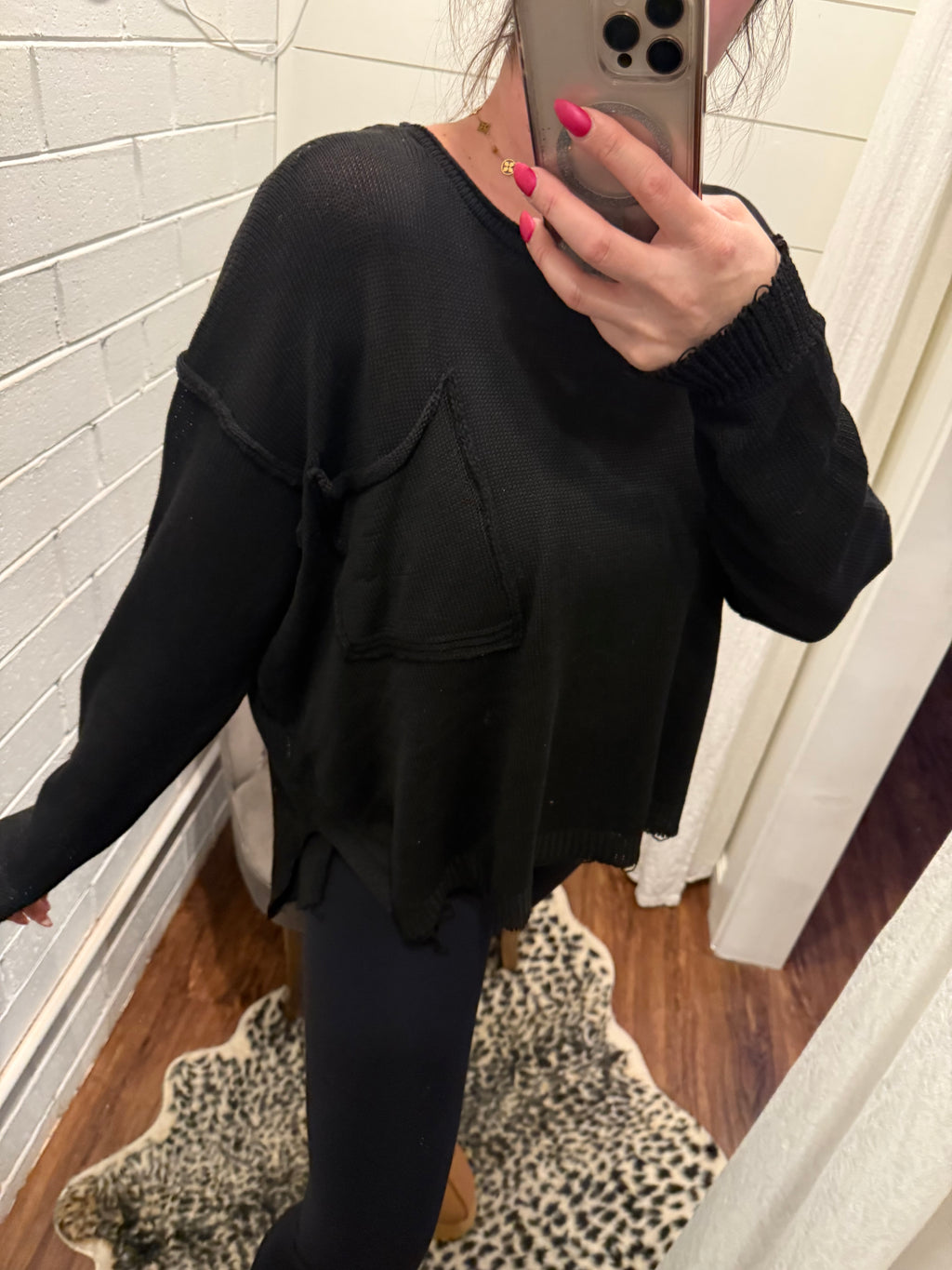 Oversized Raw Hem Front Pocket Top- Black