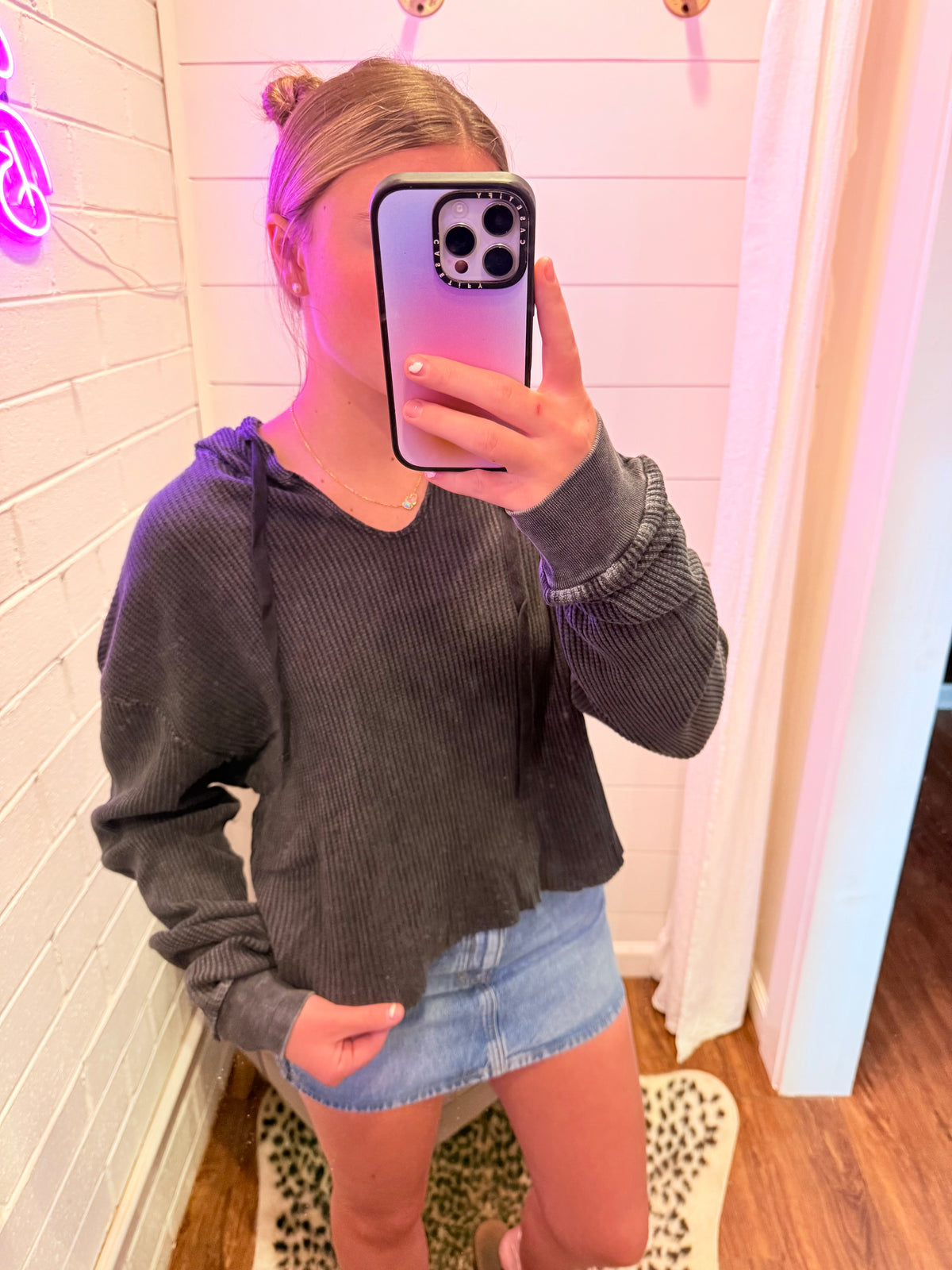 Black Mineral Washed Cropped Waffle Knit Hoodie